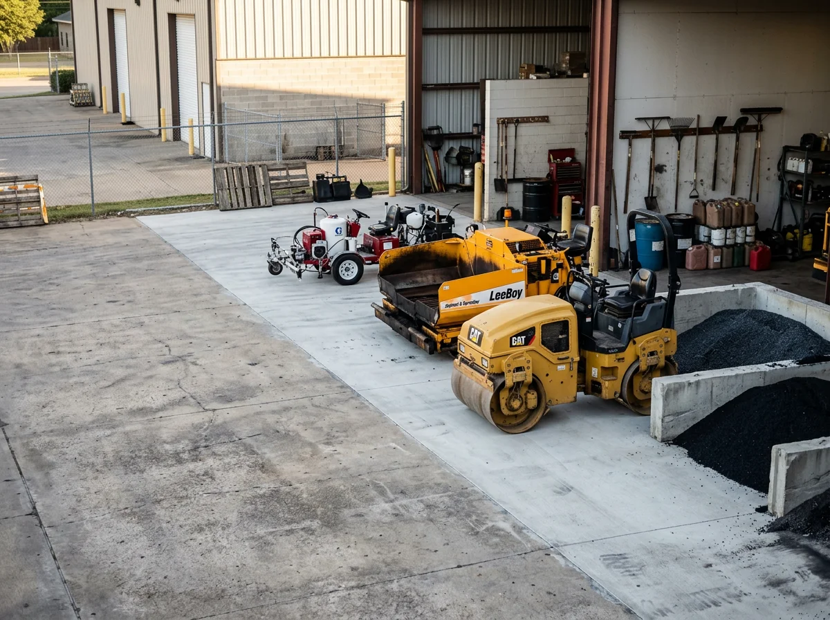 Professional paving crew and equipment on a commercial parking lot project, showing asphalt and concrete work in progress.