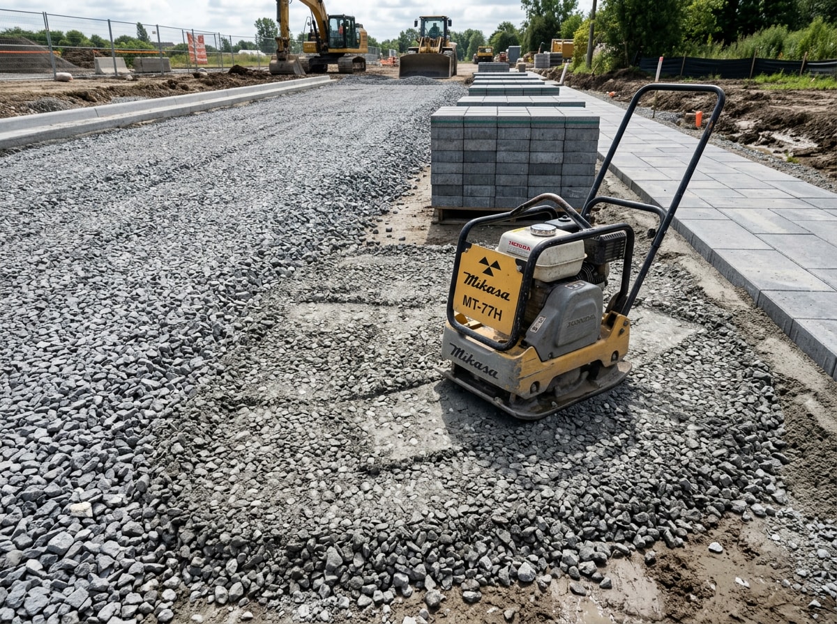 Installation photo showing base preparation and plate compaction of 24x24 pavers