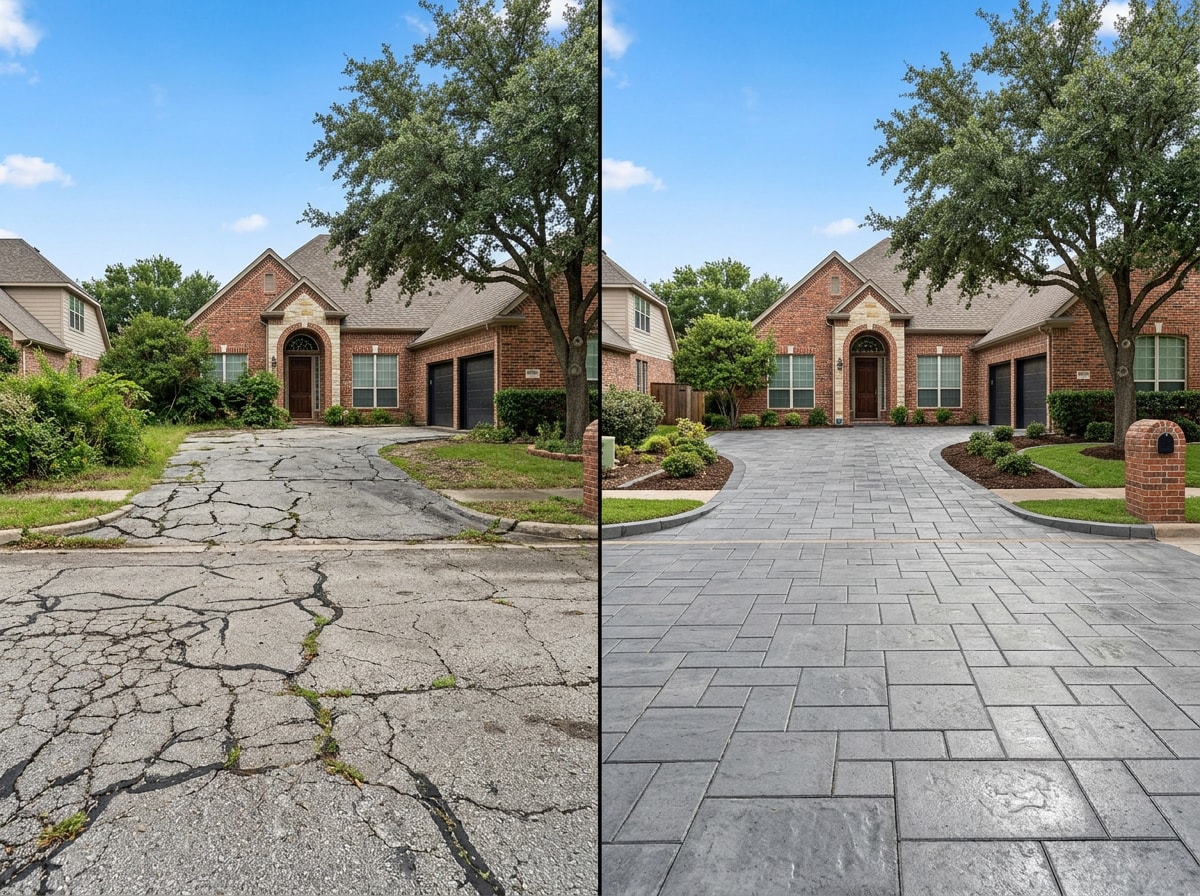 Before and after photo of a Plano driveway upgraded with concrete pavers