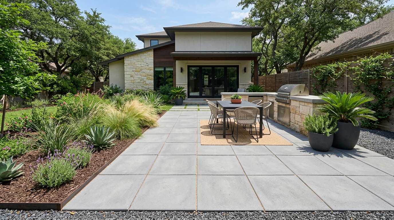 Finished 24x24 concrete paver patio in a North Texas backyard