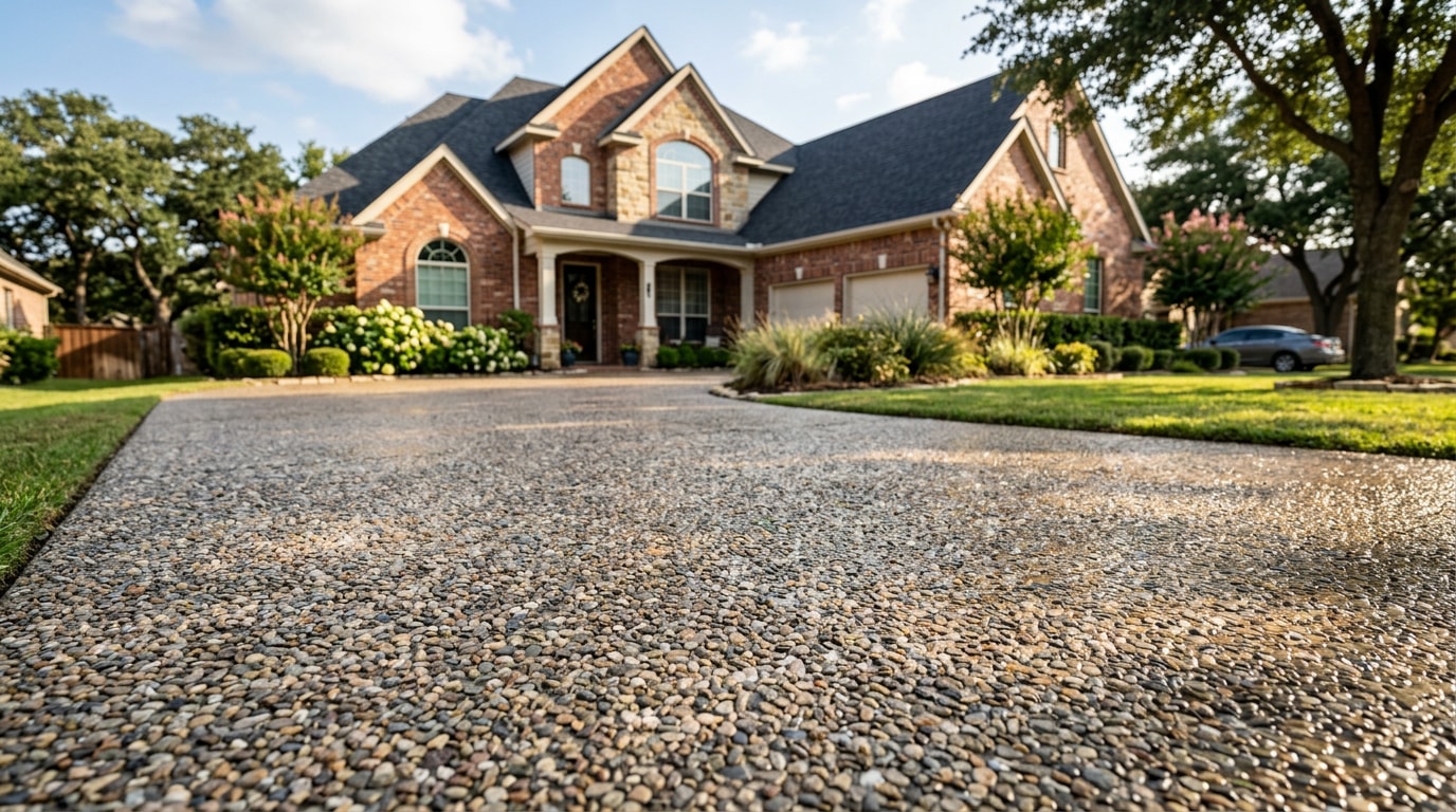 Exposed aggregate concrete driveway installed in front of a Kaufman County, TX home
