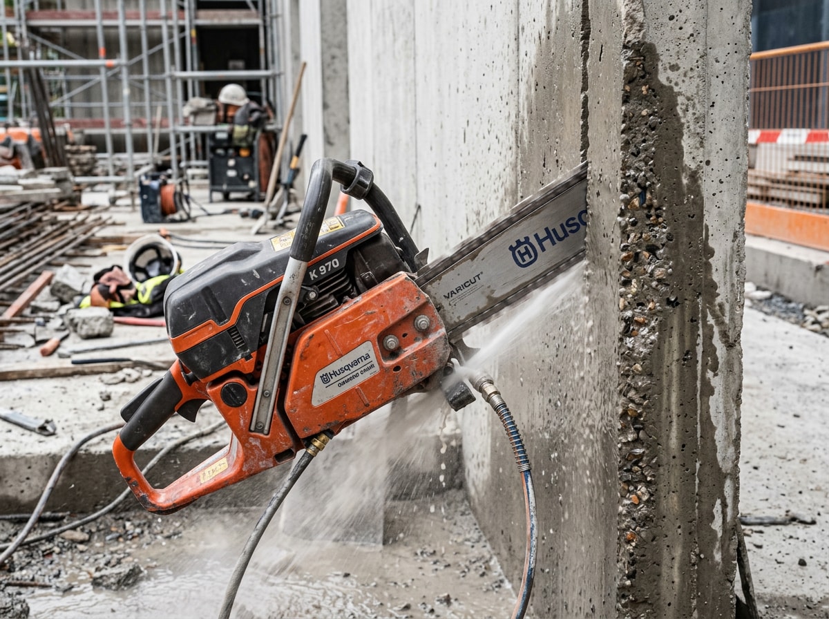 Diamond chain saw making a plunge cut into a concrete wall