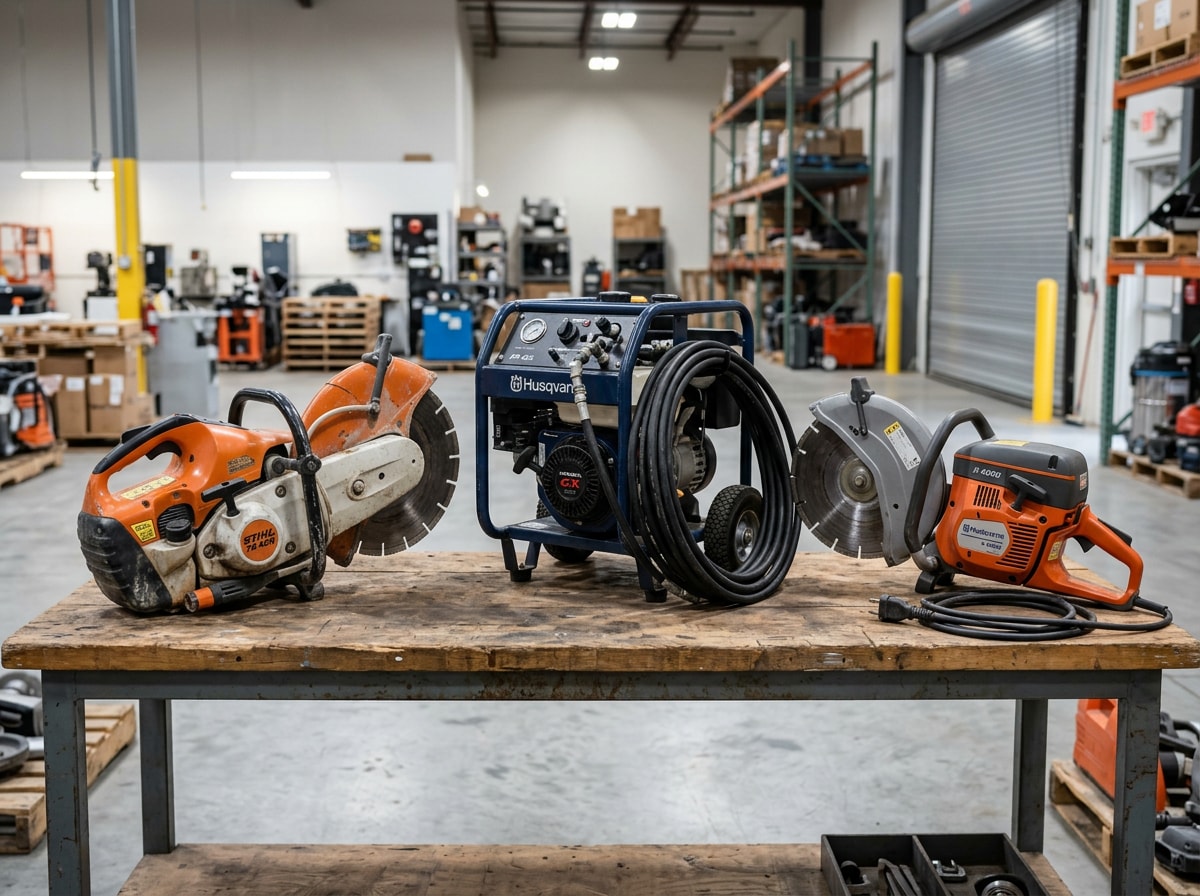 Side-by-side comparison of gas, hydraulic, and air-powered concrete chainsaws