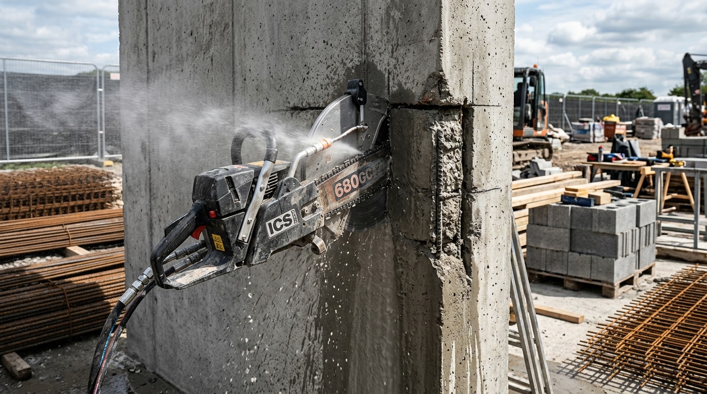 Concrete chain saw cutting a square opening into a concrete wall