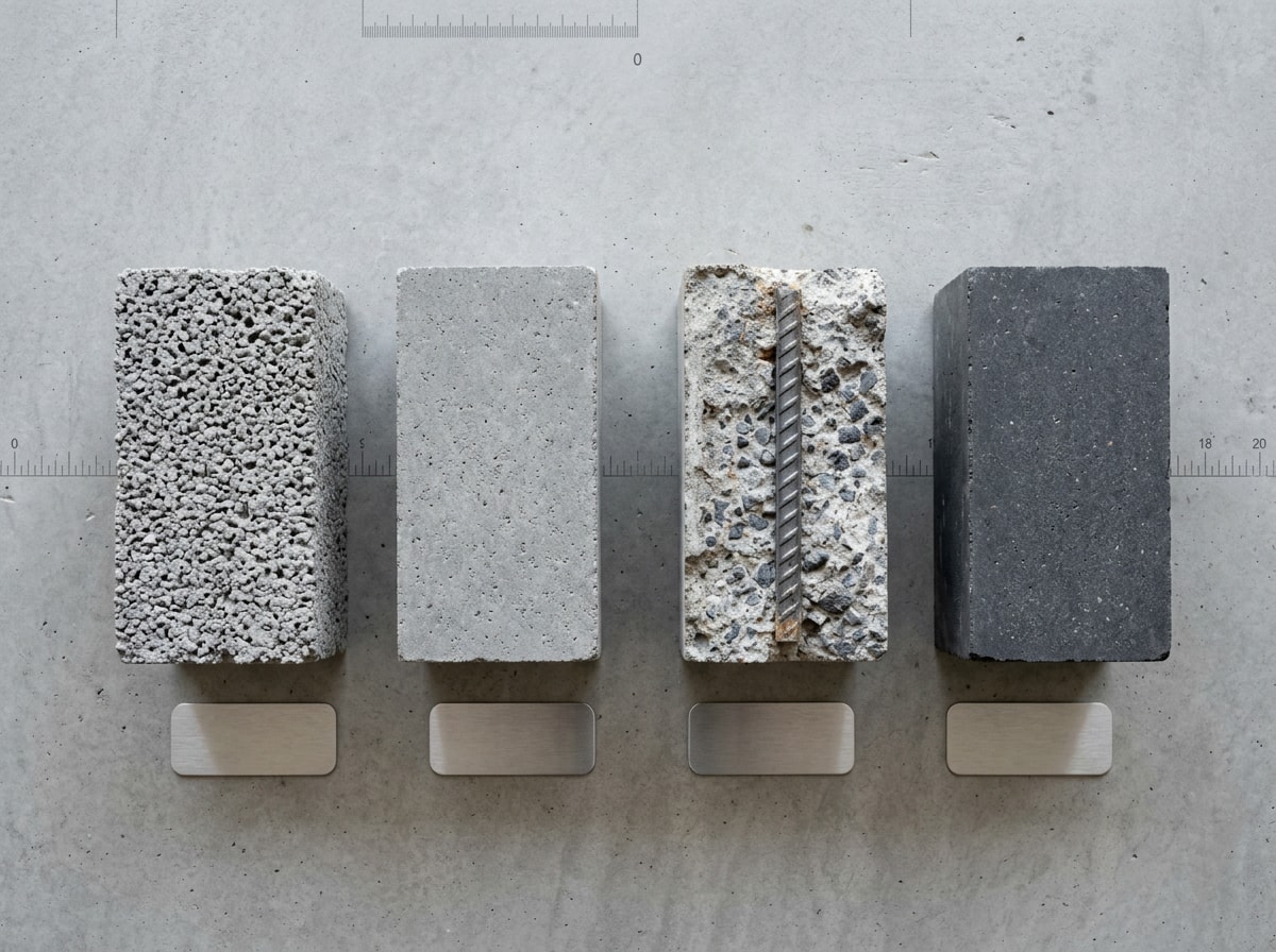 Concrete density chart comparing lightweight, normal-weight, reinforced, and heavyweight concrete in lb/ft³, kg/m³, and lb/yd³