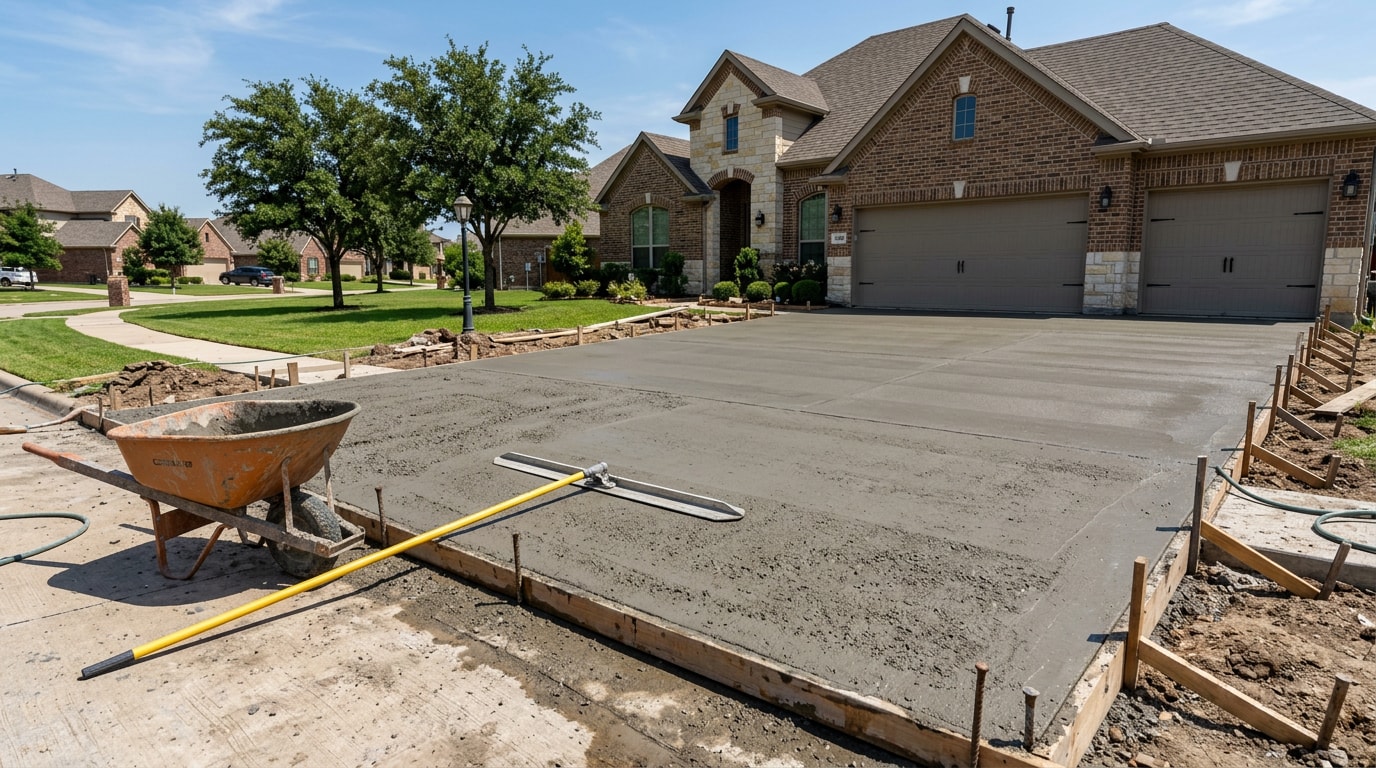 Freshly poured concrete driveway slab on a Plano, TX job site