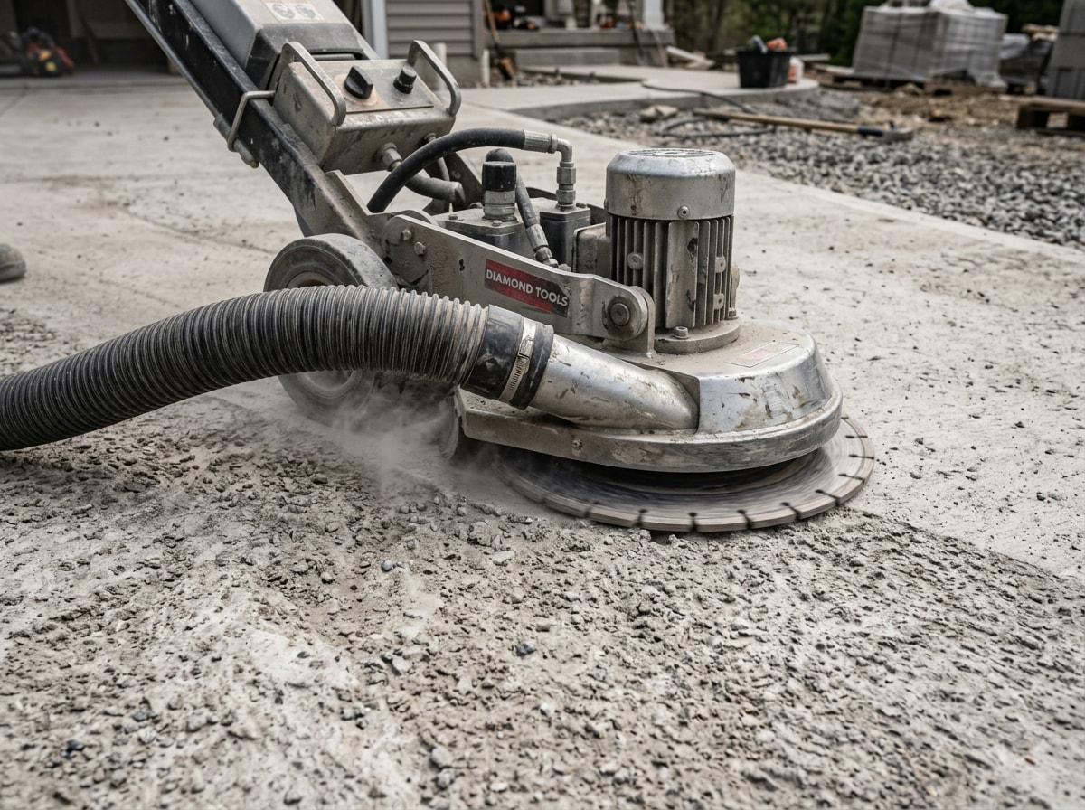 Diamond grinding equipment smoothing a concrete driveway surface