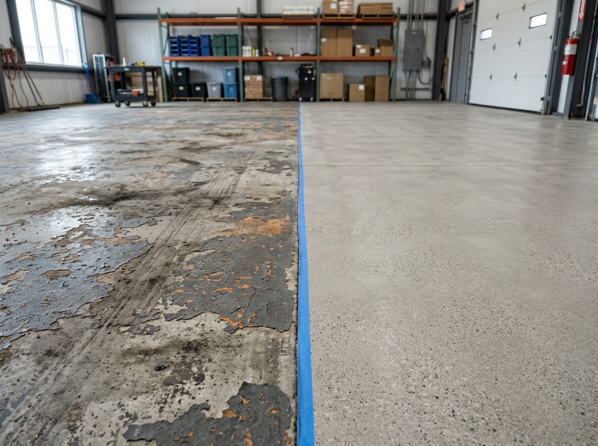 Before and after view of a concrete slab ground and prepped for epoxy coating