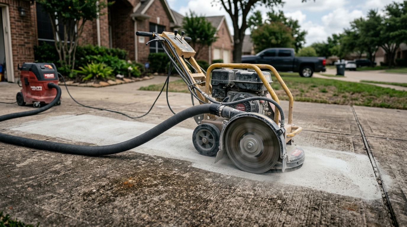 Professional diamond concrete grinder working on a residential driveway in Kaufman County, TX