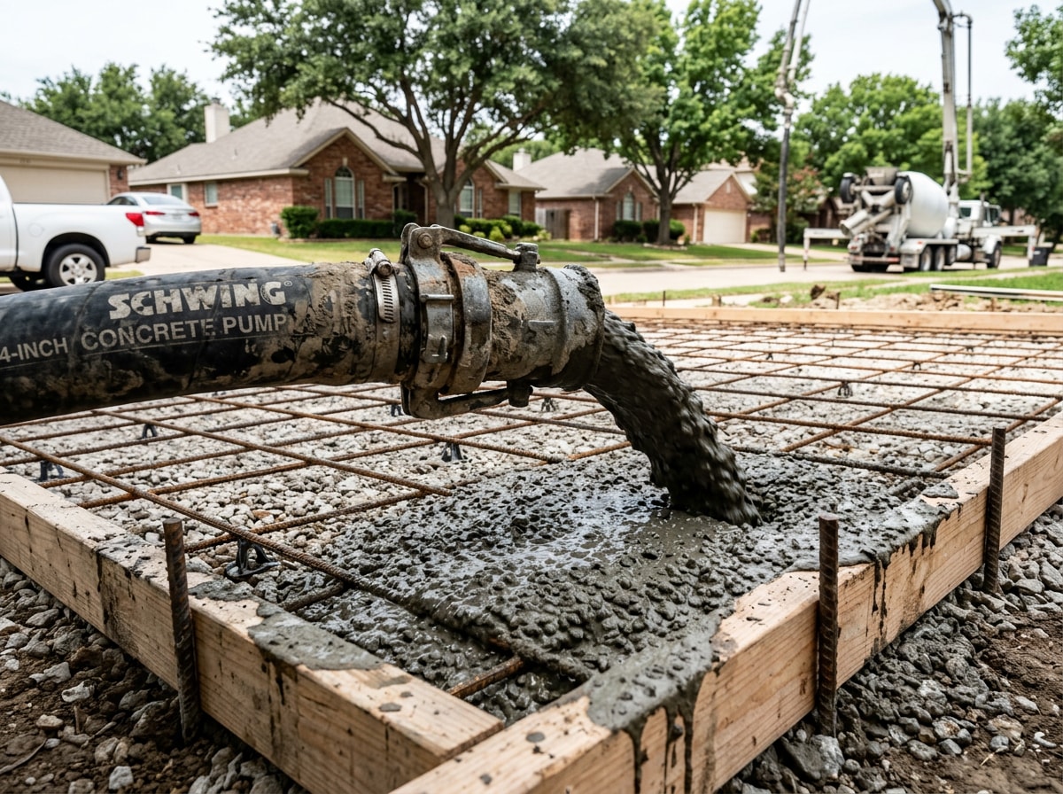 Concrete line pump hose set up on a residential driveway pour in Rockwall, TX