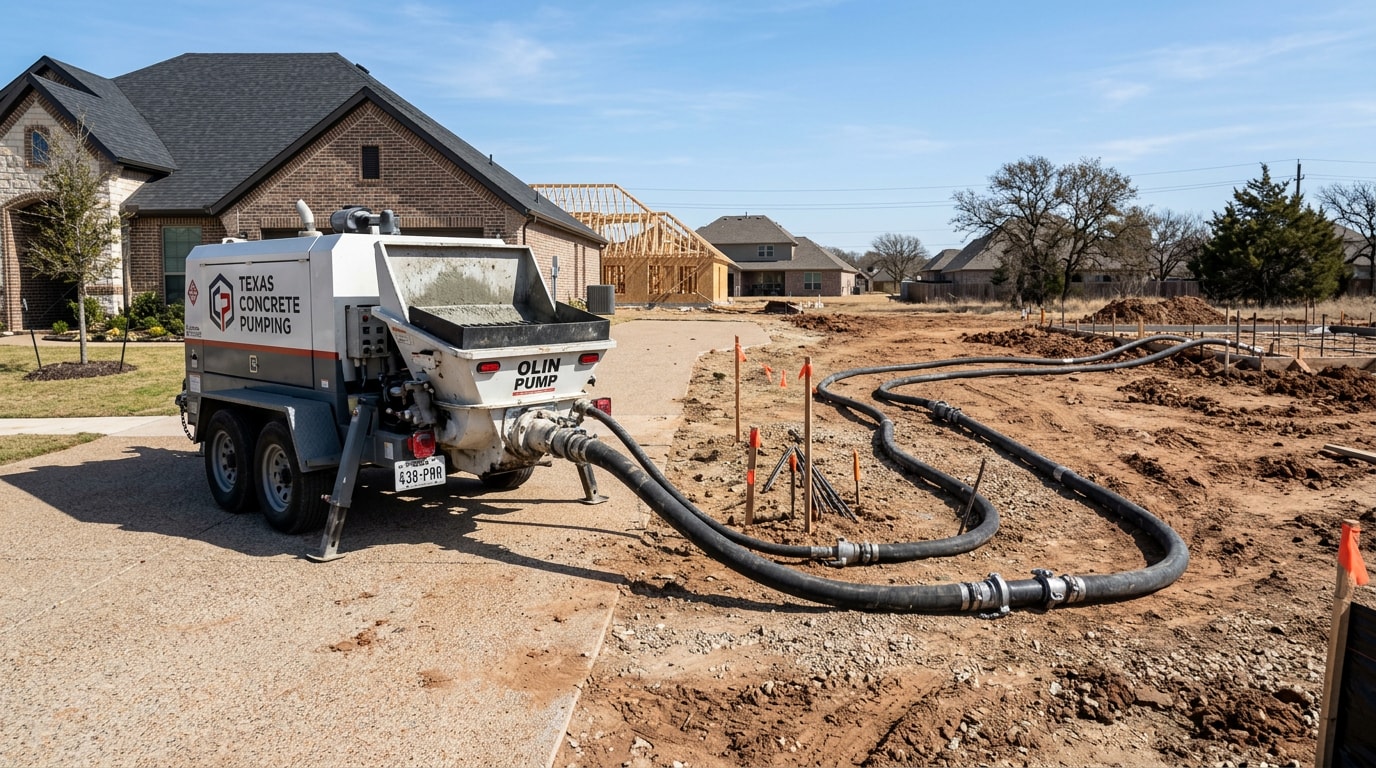 Trailer-mounted concrete line pump staged for a residential driveway pour in Rockwall, TX Trailer-mounted concrete line pump staged for a residential driveway pour in Rockwall, TX