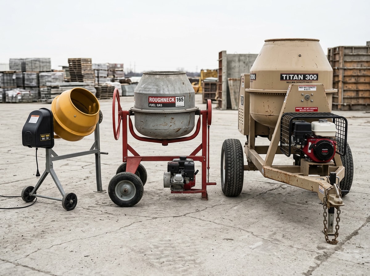 Concrete mixer size comparison showing small electric drum mixer, mid-size gas mixer, and large towable gas mixer side by side