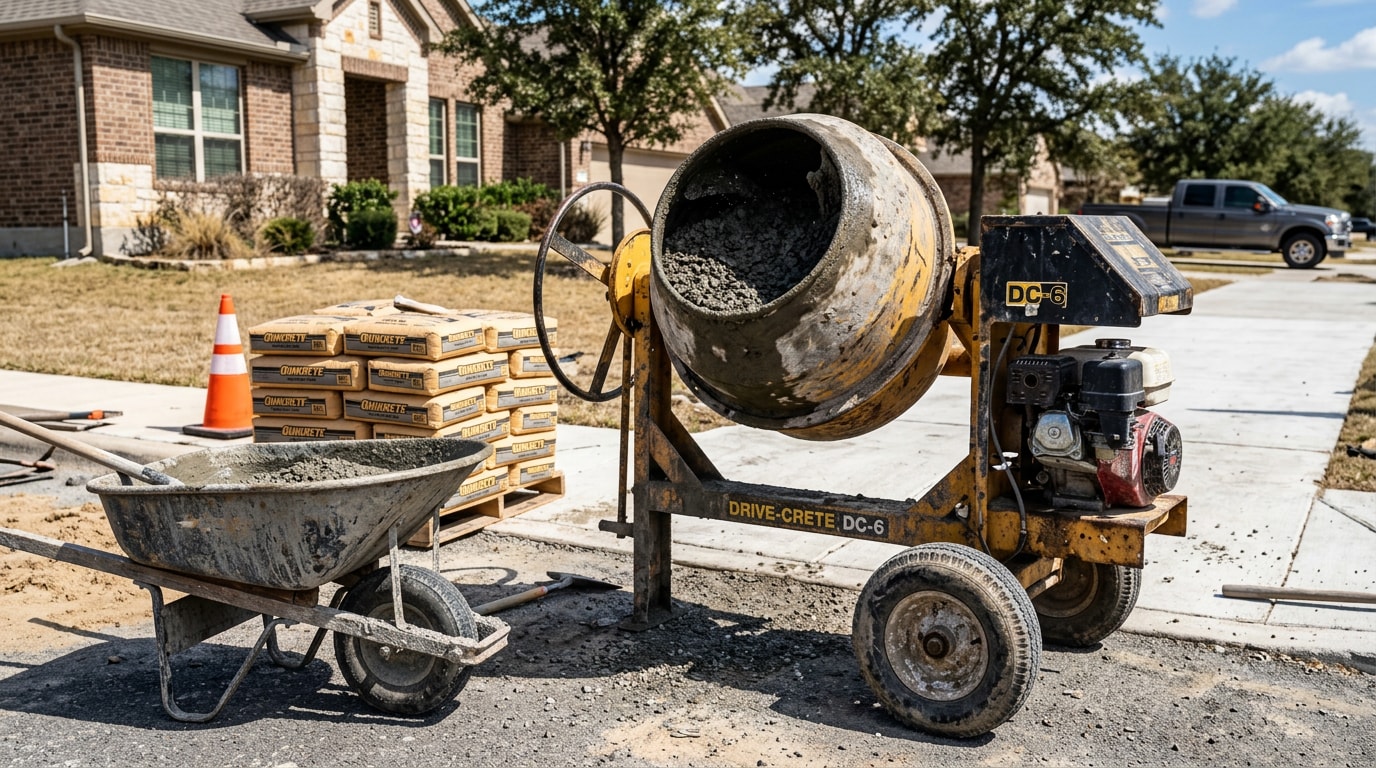 Gas-powered concrete mixer rental on a residential driveway job site in Plano, TX Gas-powered concrete mixer rental on a residential driveway job site in Plano, TX