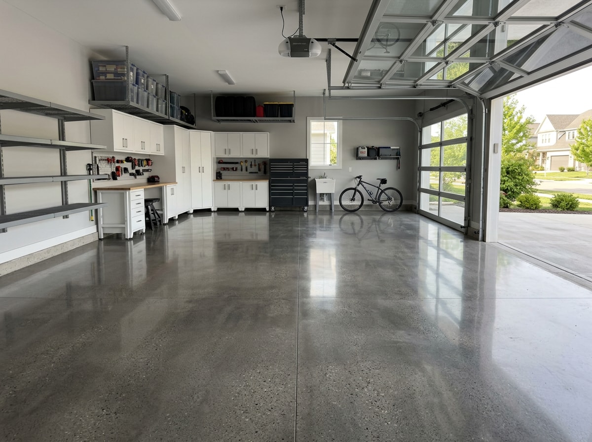 Polished concrete garage floor with a glossy gray finish in a Seagoville, TX home