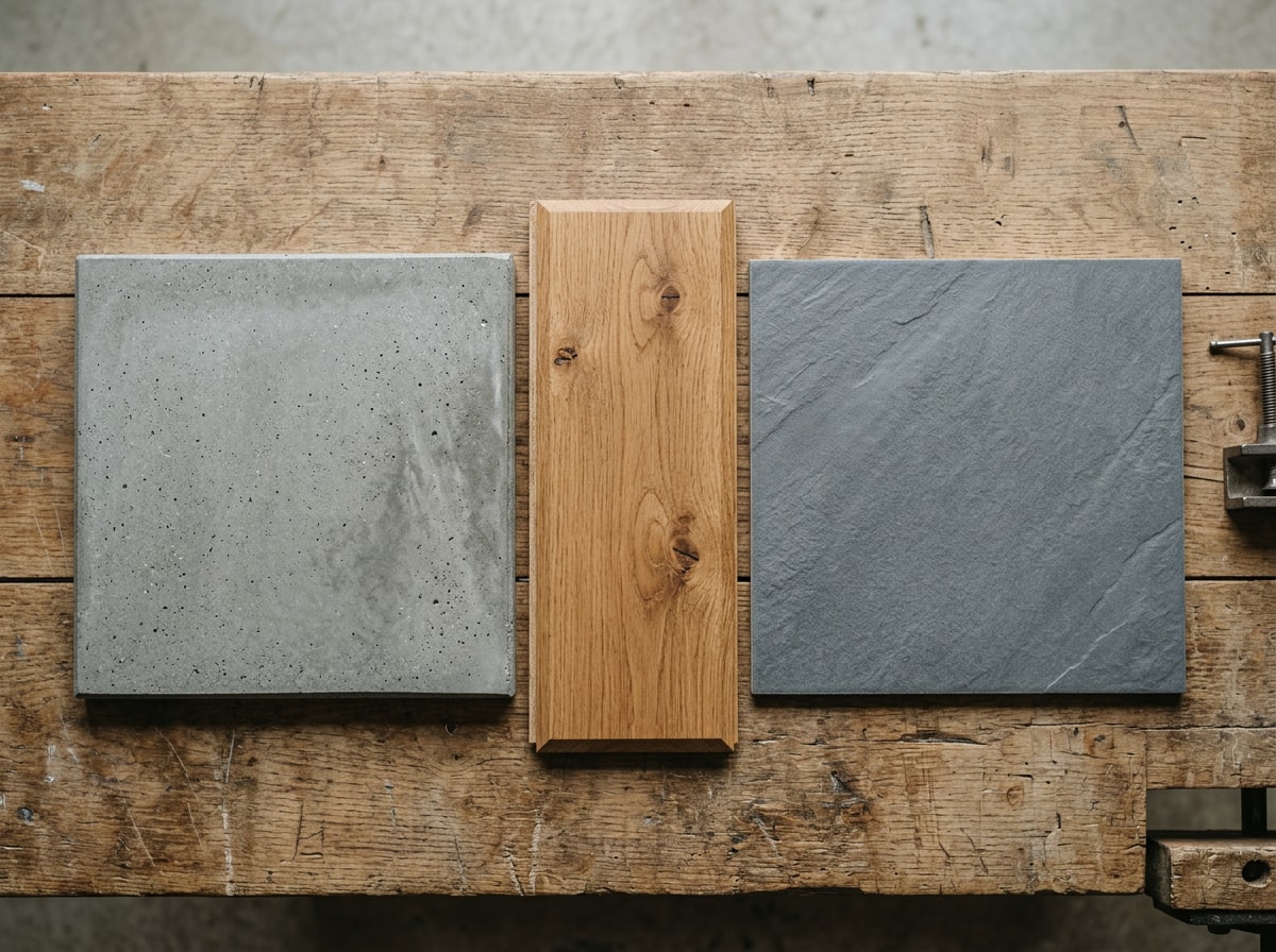 Side-by-side comparison of polished concrete, hardwood, and tile flooring samples
