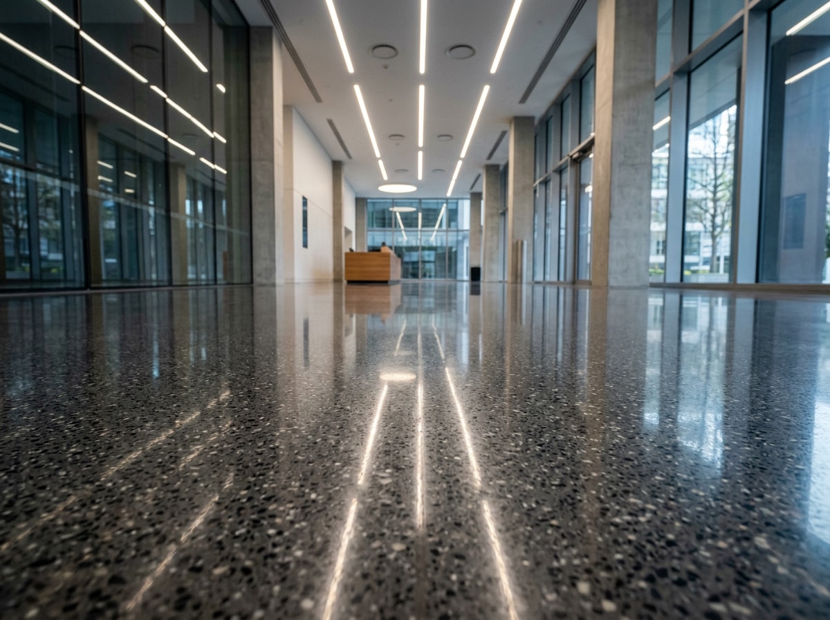 Close-up of a well-maintained, high-gloss polished concrete floor in a commercial lobby