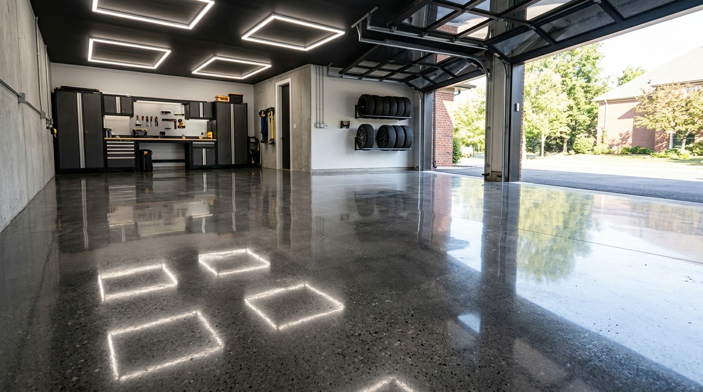 Freshly polished concrete floor with a glossy reflective finish in a garage