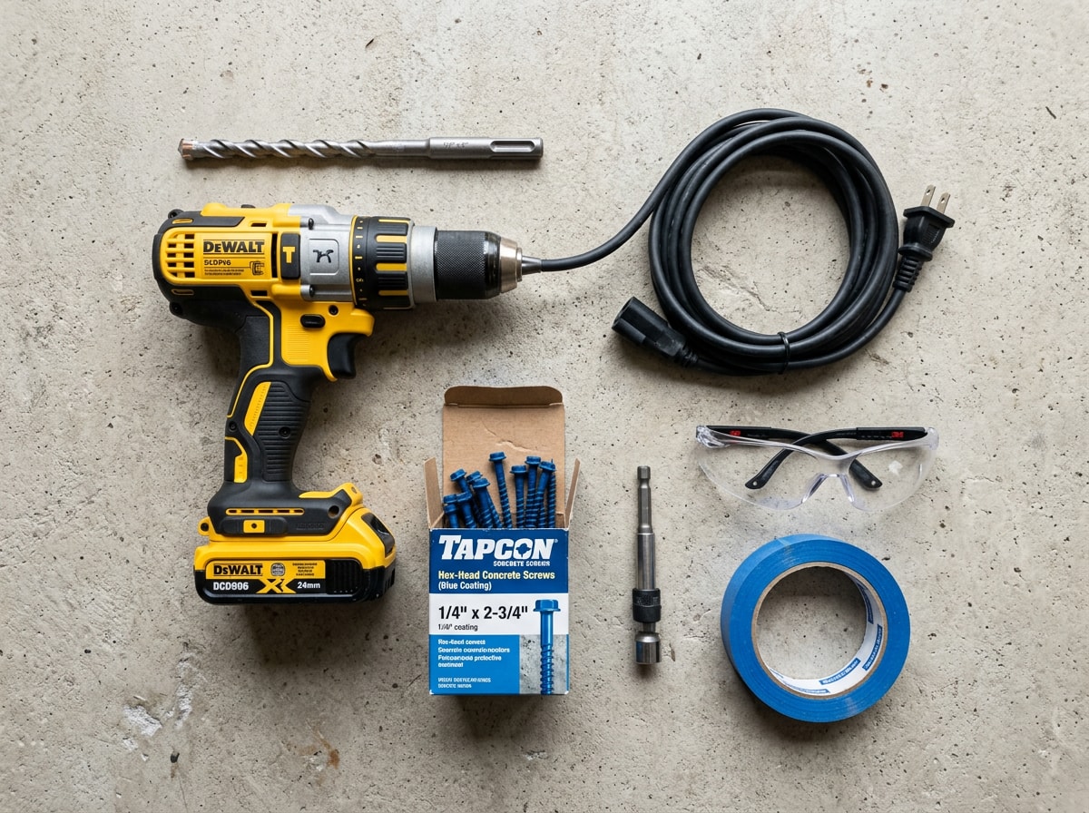 Flat-lay of hammer drill, carbide drill bit, concrete screws, driver bit, and safety glasses laid out for installation
