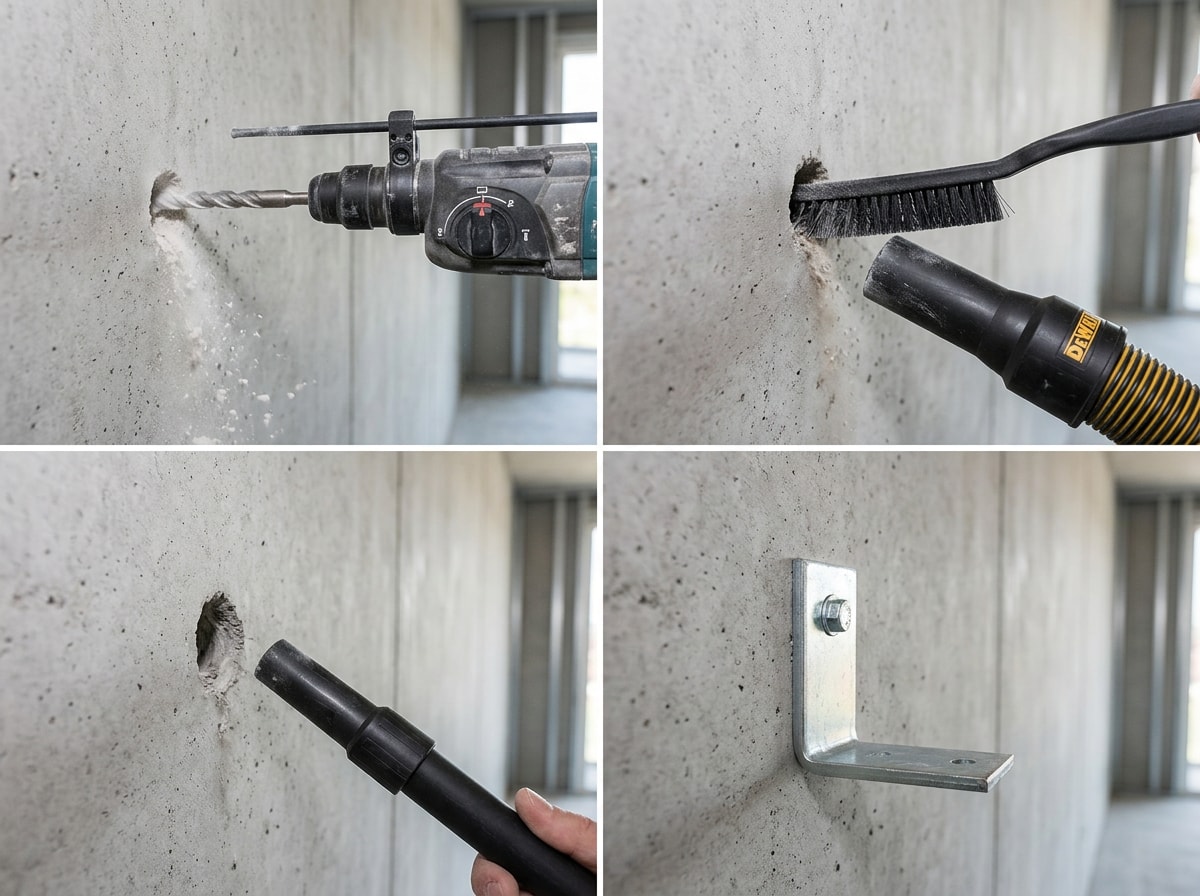 Step-by-step sequence showing a hammer drill boring a pilot hole, cleaning out concrete dust, and driving a concrete screw