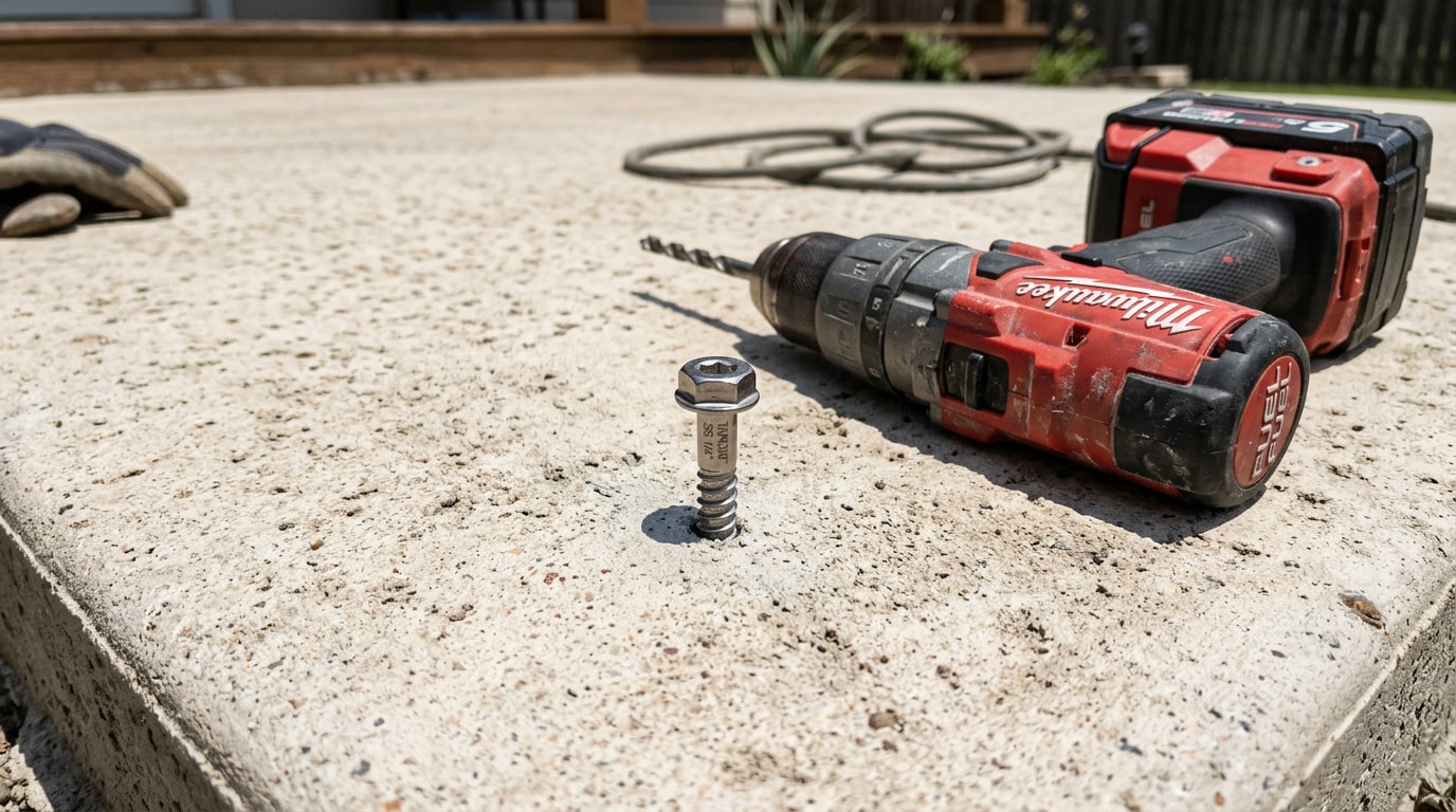 Concrete screw driven into a finished concrete patio slab in Waxahachie, TX Concrete screw driven into a finished concrete patio slab in Waxahachie, TX