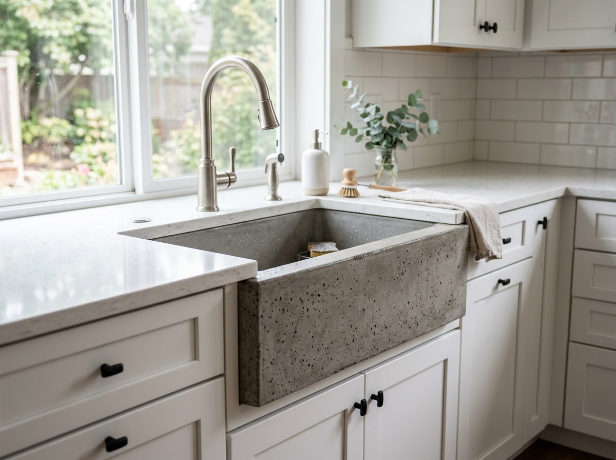 Concrete farmhouse sink with exposed apron front in a kitchen installation