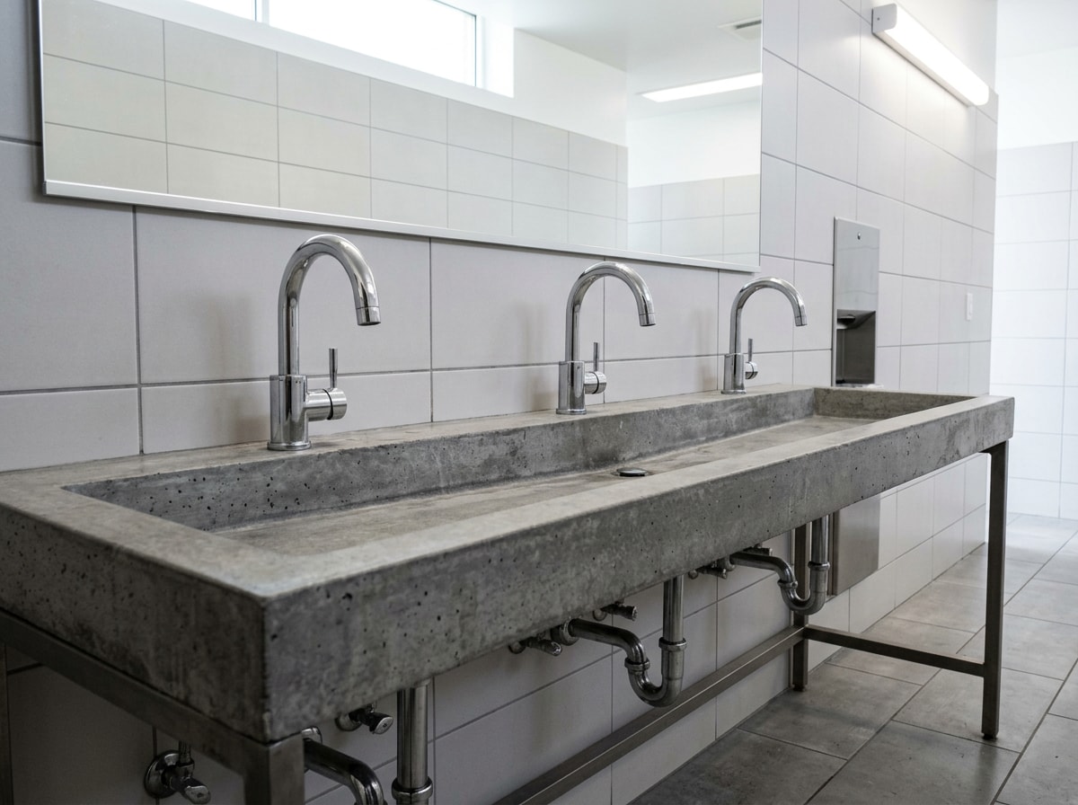 Long concrete trough sink with multiple faucets in a commercial restroom