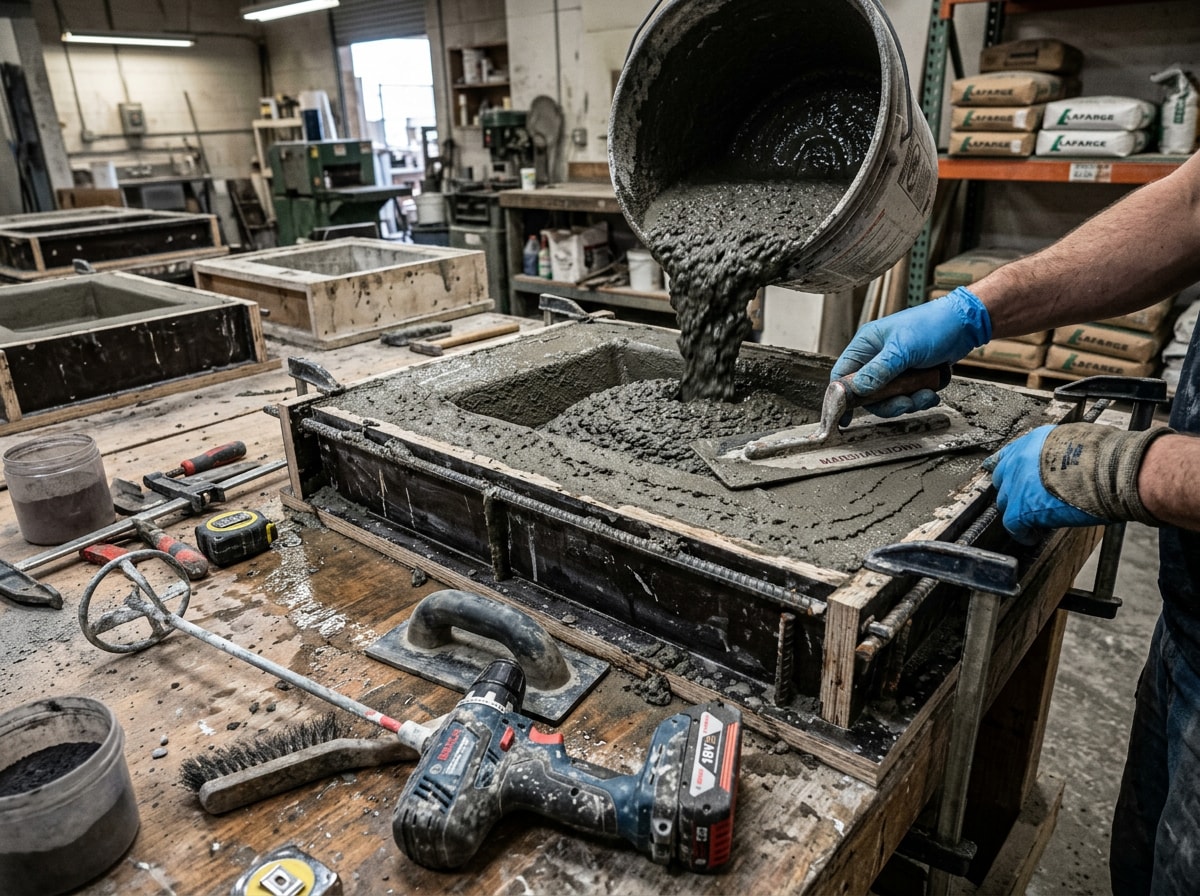 Craftsman pouring concrete into a custom sink mold