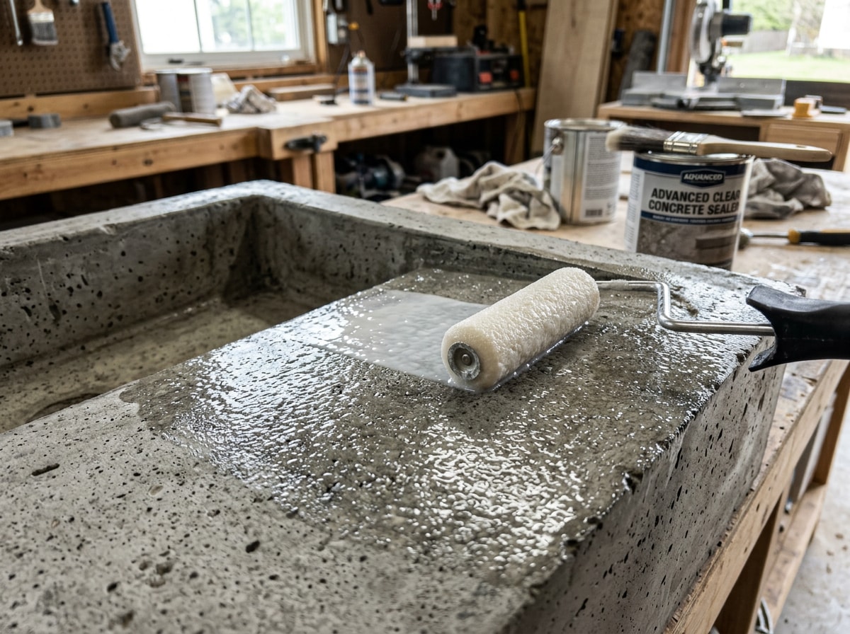 Close-up of a sealant being applied to a concrete sink surface