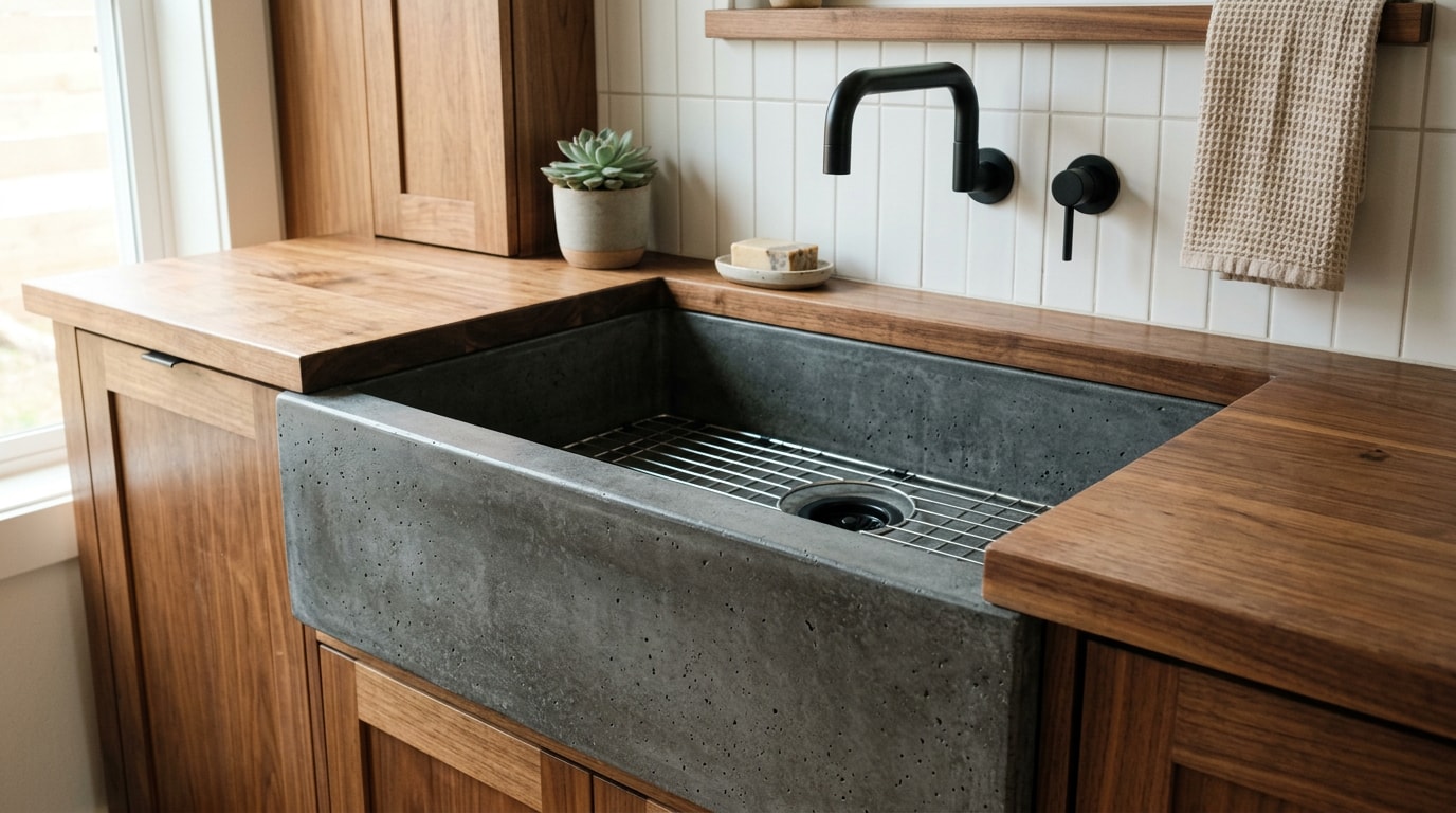 Finished handcrafted custom concrete sink installed in a modern Dallas kitchen Finished handcrafted custom concrete sink installed in a modern Dallas kitchen