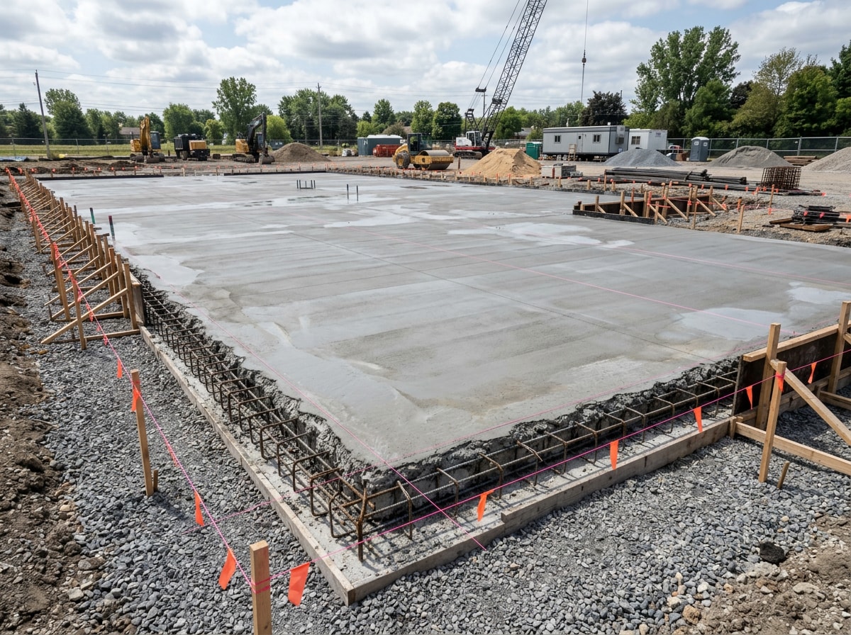 Freshly poured concrete slab foundation ready for a Waxahachie commercial building