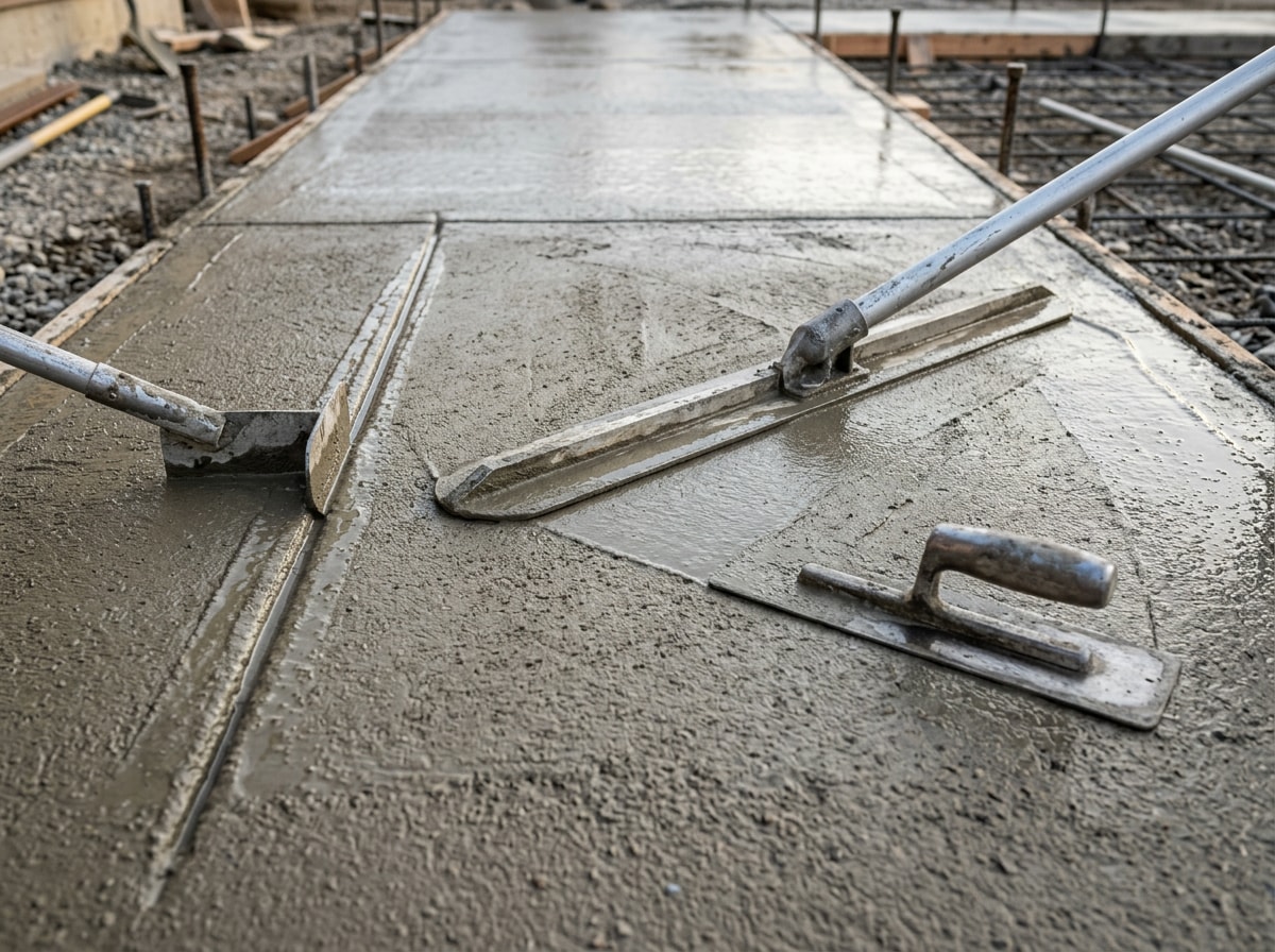 Concrete crew finishing and smoothing a freshly poured slab in Waxahachie, Texas
