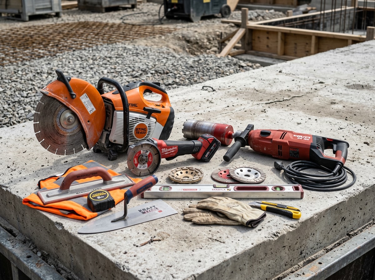 Assorted concrete hand and power tools including a saw, grinder, and core drill