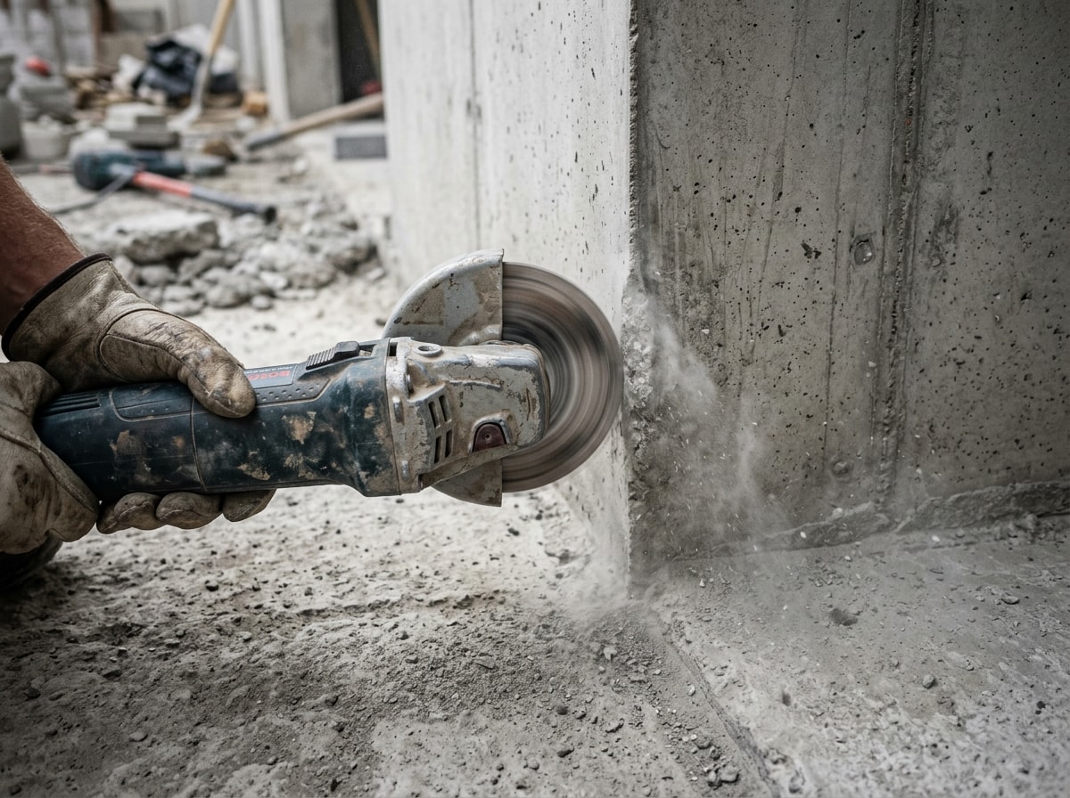 Handheld edge grinder smoothing a concrete corner near a wall