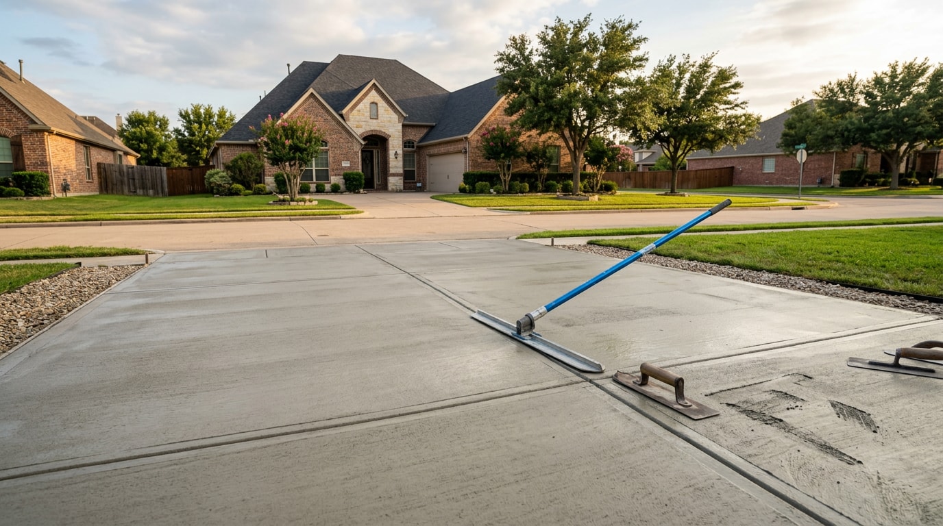 Freshly finished concrete driveway slab with control joints and finishing tools nearby Freshly finished concrete driveway slab with control joints and finishing tools nearby