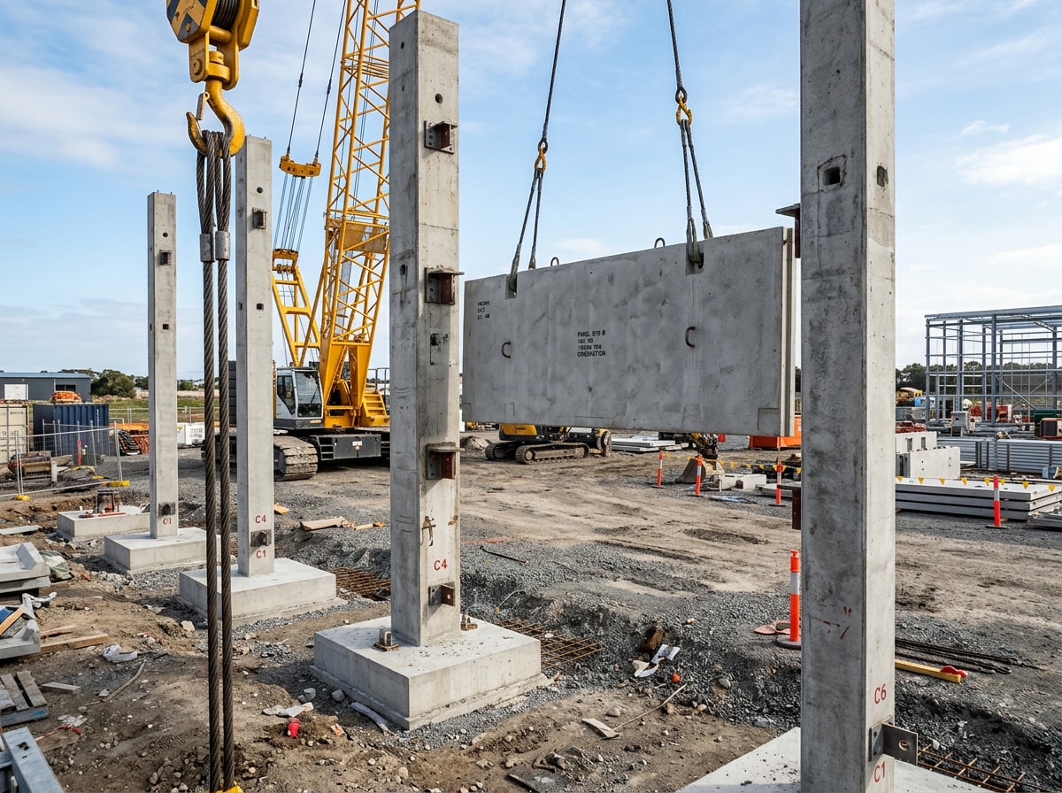 Precast concrete panel-and-column wall system diagram showing columns and panel spans