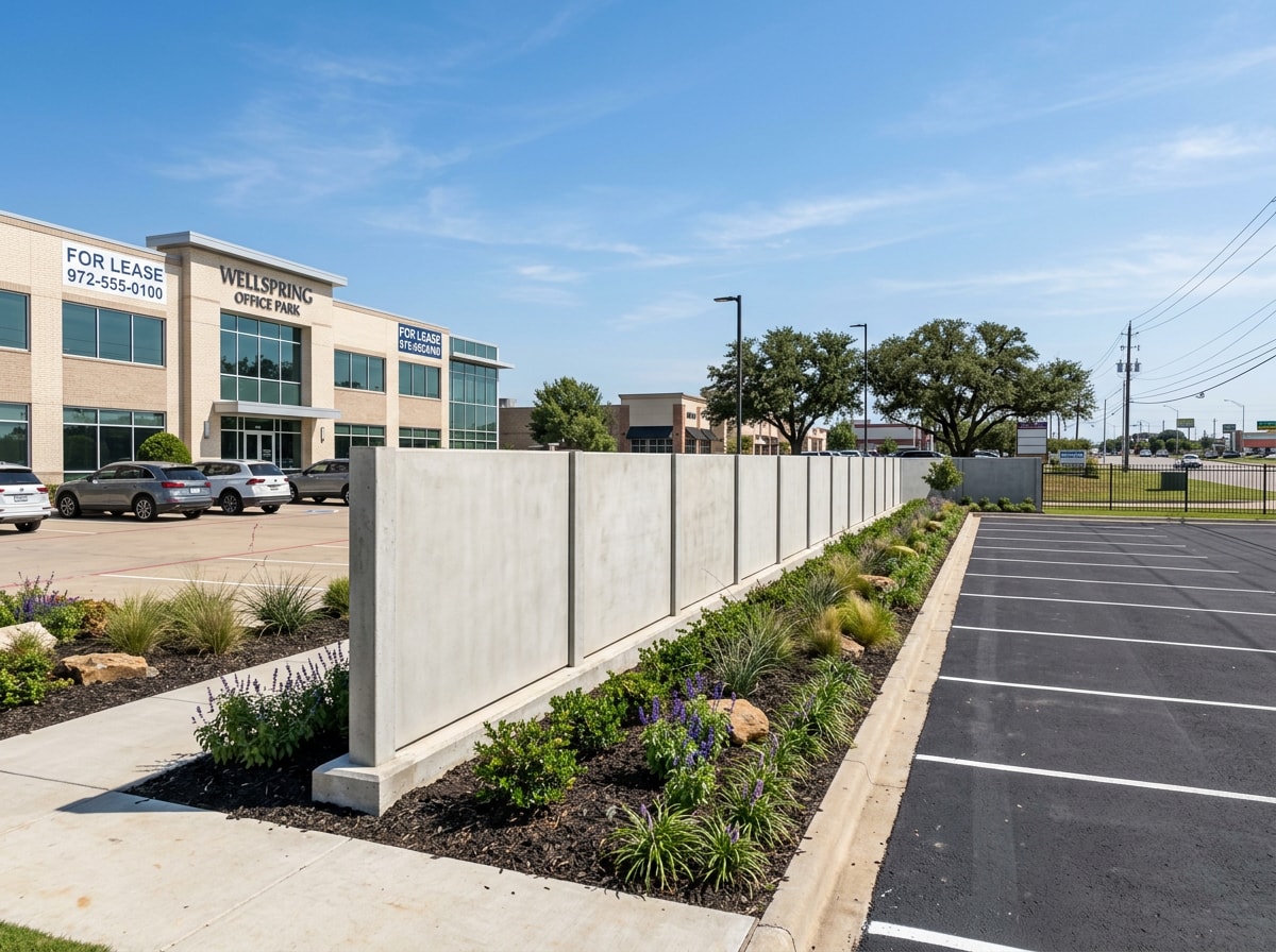 Precast concrete perimeter wall installed along a commercial site in the Dallas area
