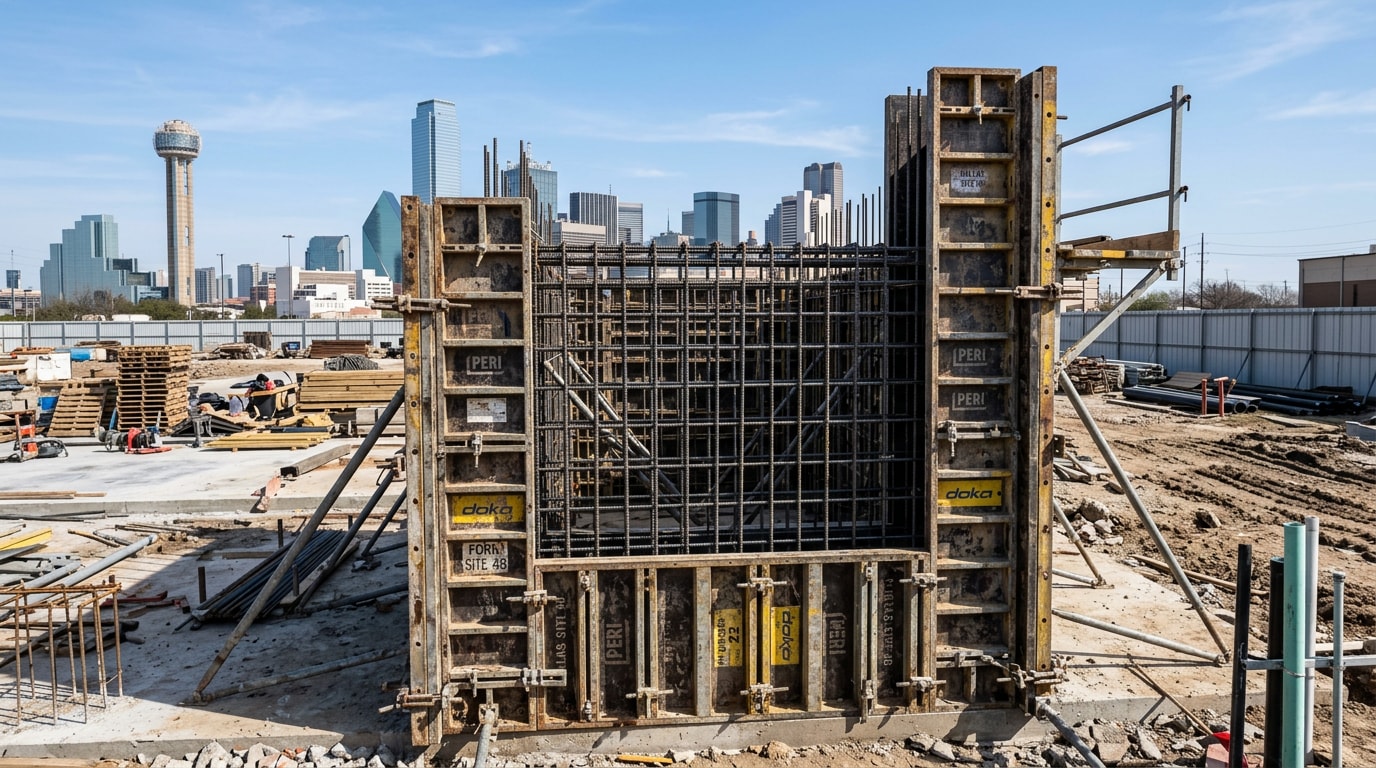Concrete wall forms set up on a Dallas, TX construction site before pouring