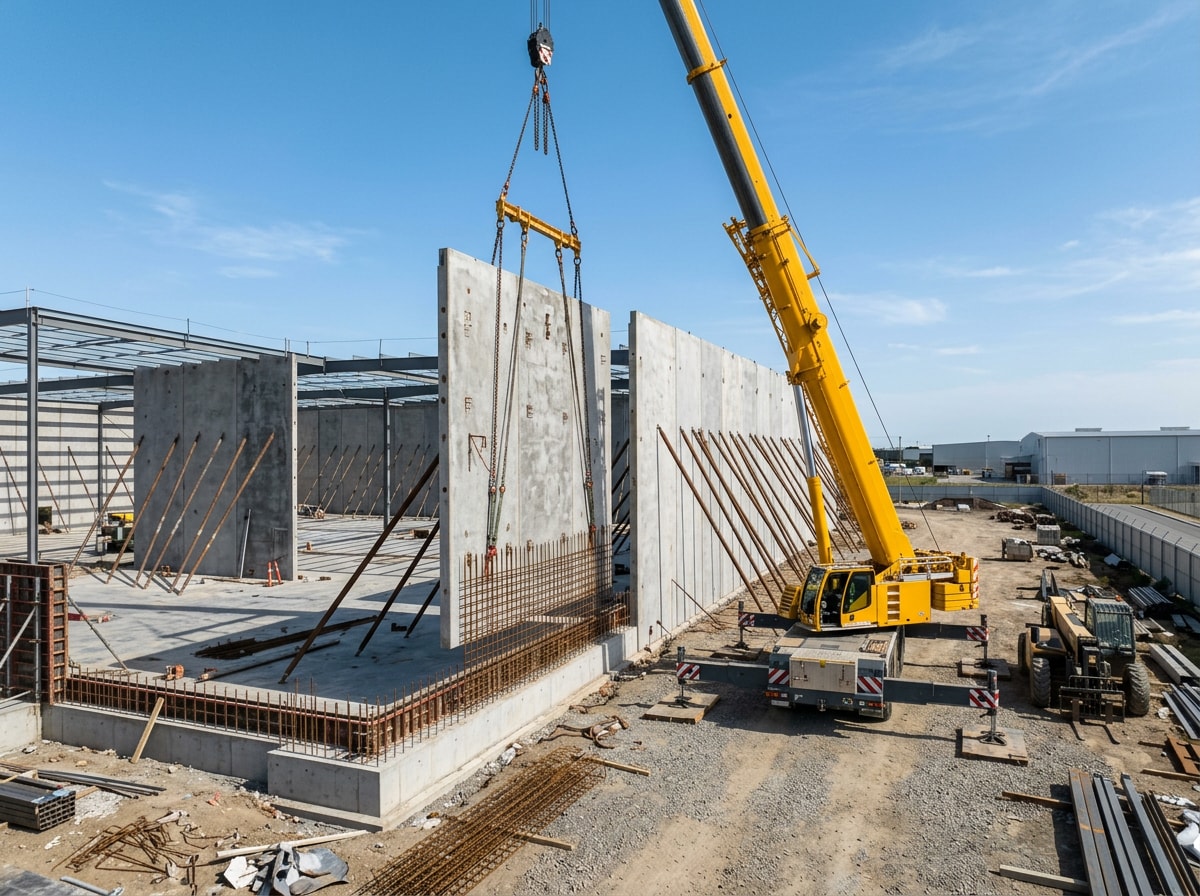Crane lifting a tilt-wall concrete panel into place on a Grand Prairie commercial job site