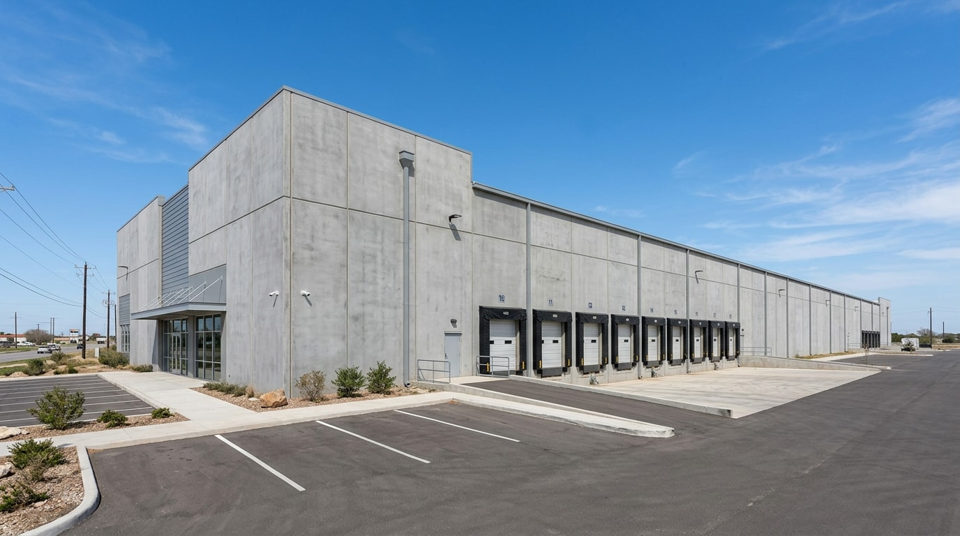 Finished tilt-up concrete wall panels on a commercial warehouse building in Grand Prairie, TX Finished tilt-up concrete wall panels on a commercial warehouse building in Grand Prairie, TX