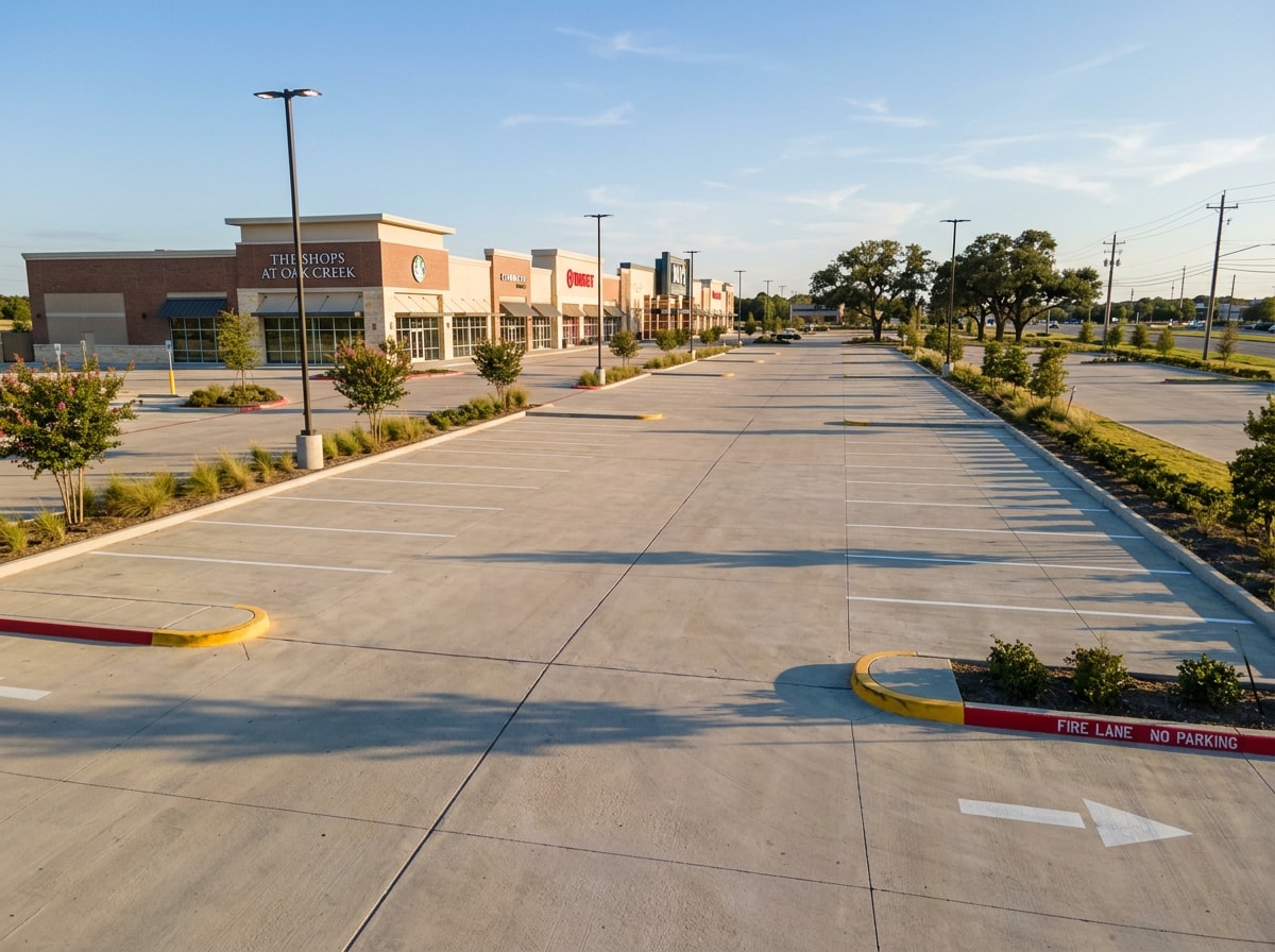 Freshly finished commercial concrete parking lot with clean expansion joints in Dallas, TX