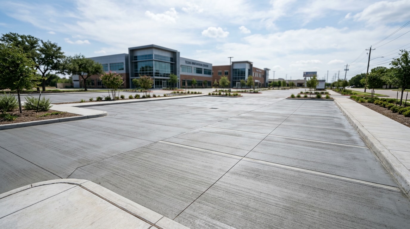 Freshly poured commercial concrete parking lot in Dallas, TX Freshly poured commercial concrete parking lot in Dallas, TX