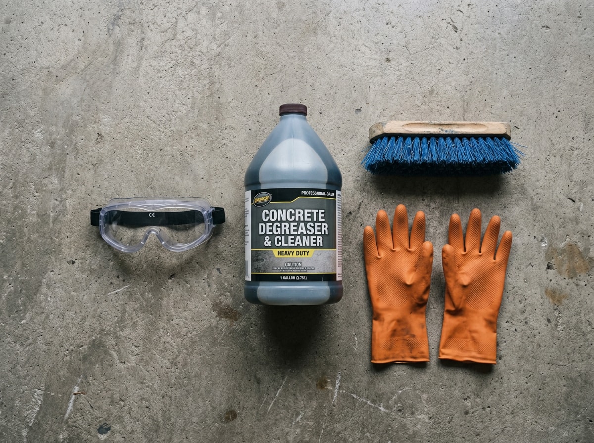 Flat-lay of concrete cleaning supplies including degreaser, scrub brush, and gloves