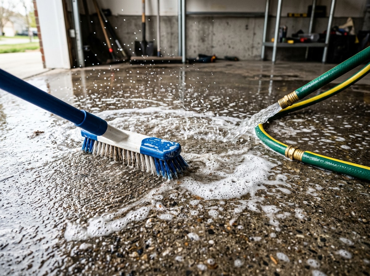 Concrete garage floor mid-cleaning showing scrubbing and rinsing in progress
