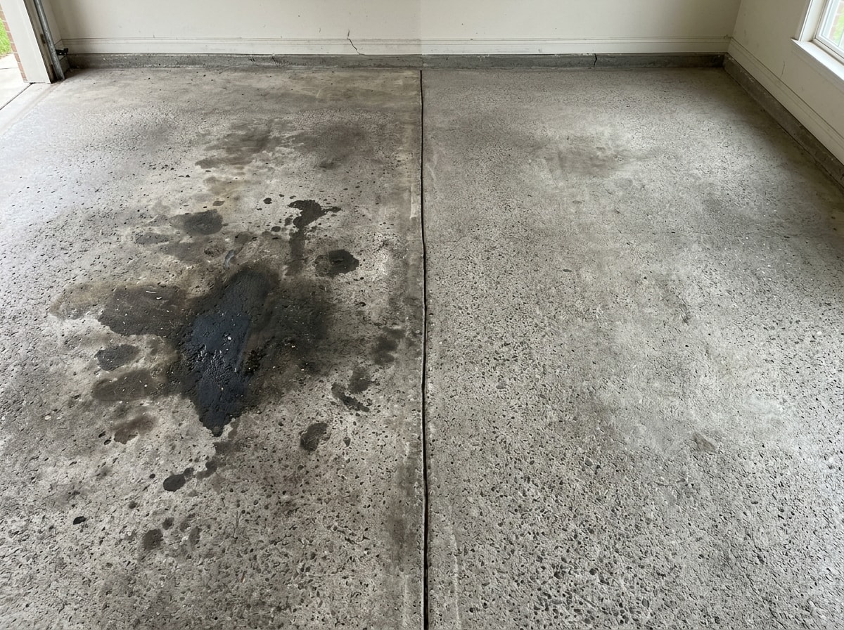 Before and after comparison of an oil stain removed from a concrete garage floor