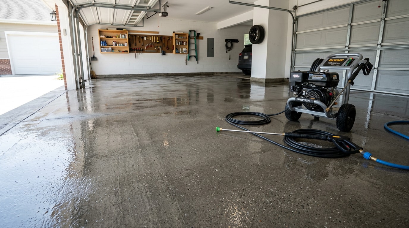 Clean concrete garage floor after pressure washing in Grand Prairie, TX Clean concrete garage floor after pressure washing in Grand Prairie, TX