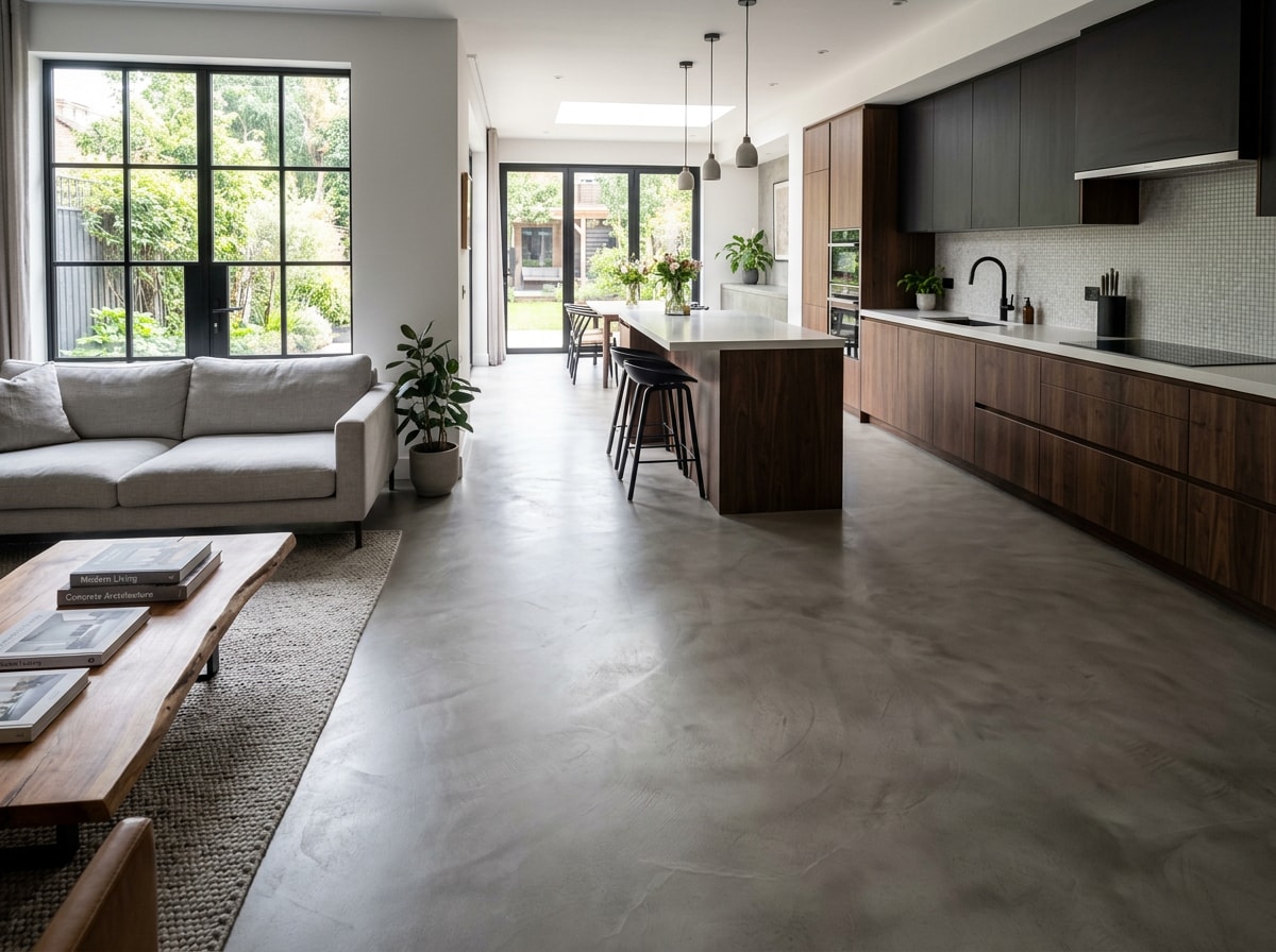 Finished micro concrete floor in a modern Seagoville home interior