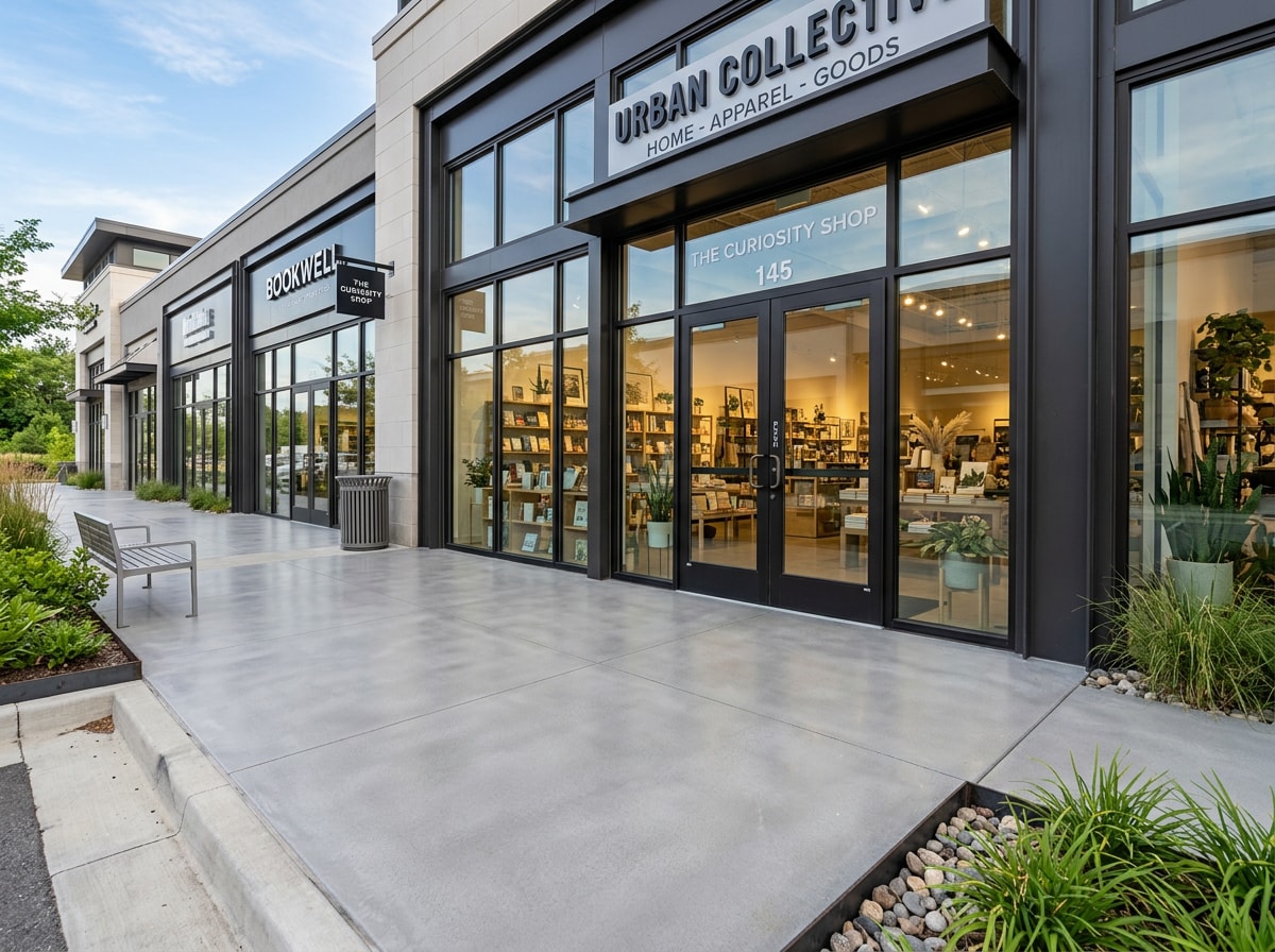 Micro concrete overlay on a commercial storefront walkway