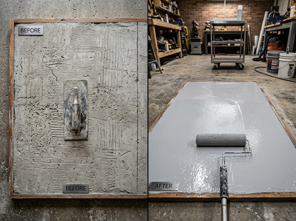 Before and after photo showing substrate prep and priming for a micro concrete overlay