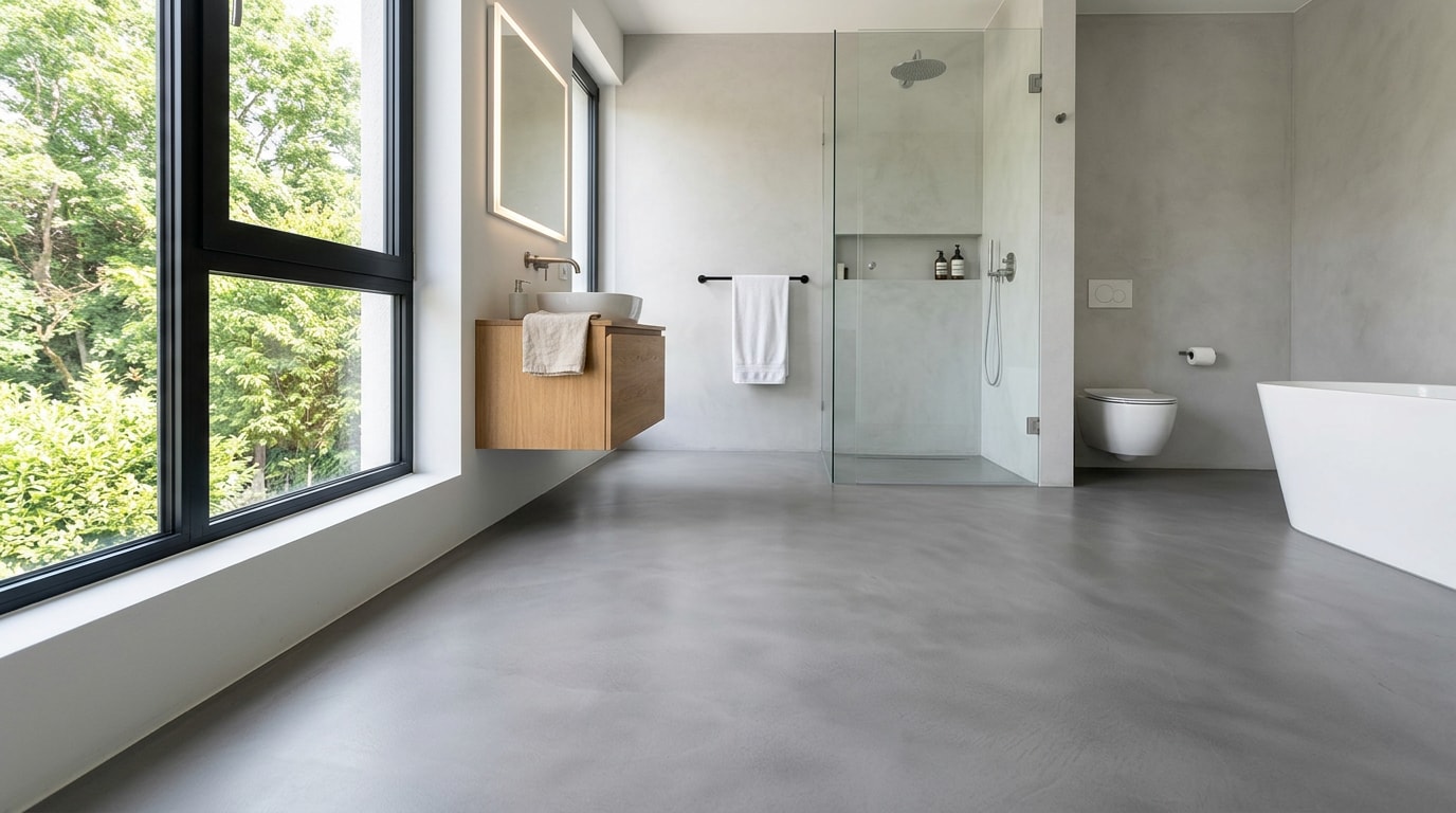 Freshly finished micro concrete overlay floor in a modern bathroom Freshly finished micro concrete overlay floor in a modern bathroom