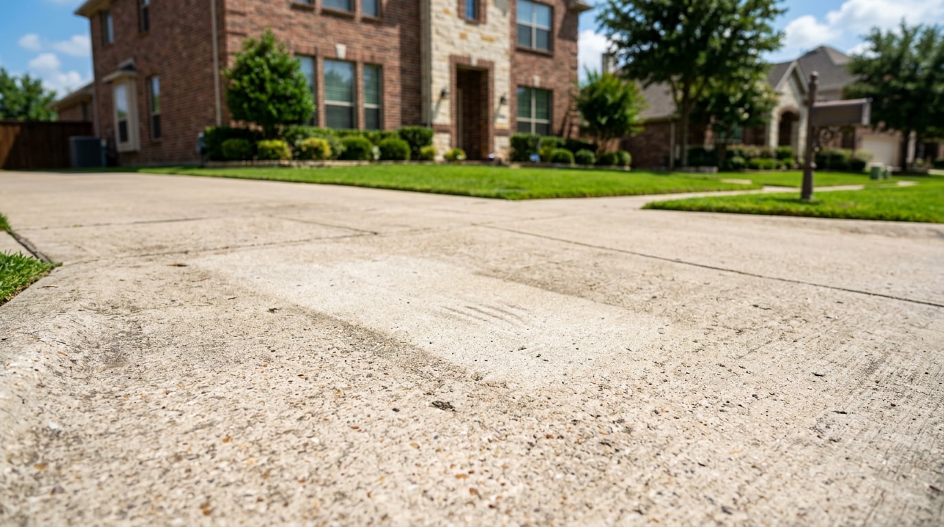Clean residential concrete driveway in Rockwall, TX after professional oil stain removal Clean residential concrete driveway in Rockwall, TX after professional oil stain removal